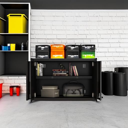 Wall Mount Garage Storage Cabinet - Lockable 2-Door Steel Metal Cabinet with 44 lbs Shelf Capacity & Removable Shelves | Ready-to-Assemble Floating Shelf for Garage Organization | Perfect for Tools, Sports Gear & Household Storage (Black)