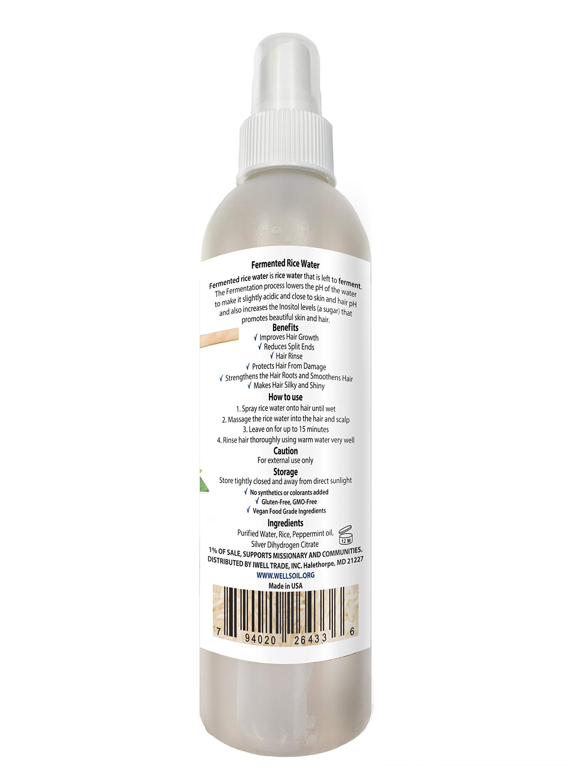Well's Oil Fermented Rice Water Hair Spray with Peppermint Oil (8 Fl Oz) - Leave-in Conditioner for Soft Shiny Hair | Promotes Hair Growth, Reduces Split Ends & Strengthens Hair | Perfect for Daily Hydration & Scalp Care at Home or Salon
