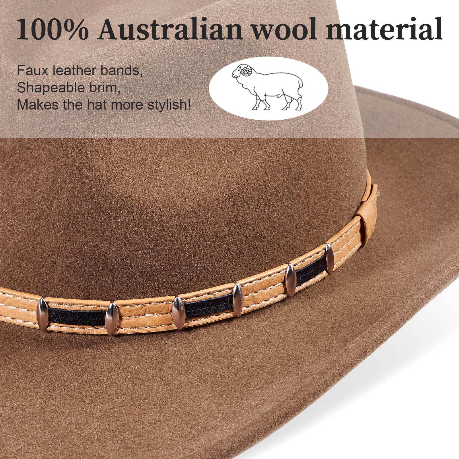 Stylish MIX BROWN 100% Wool Cowboy Hat with Wide Brim - Western Cowgirl Hat for Women & Men - Durable Felt Outback Panama Rancher Hat - Perfect for Rodeo, Country Music Festivals & Outdoor Adventures