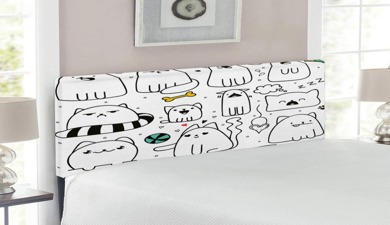 Ambesonne Cartoon Headboard - Hand Drawn Funny Cats with Toys & Colorful Shapes, Upholstered Decorative Metal Bed Frame with Memory Foam, Queen Size Multicolor - Perfect for Kids' Bedrooms & Whimsical Home Decor