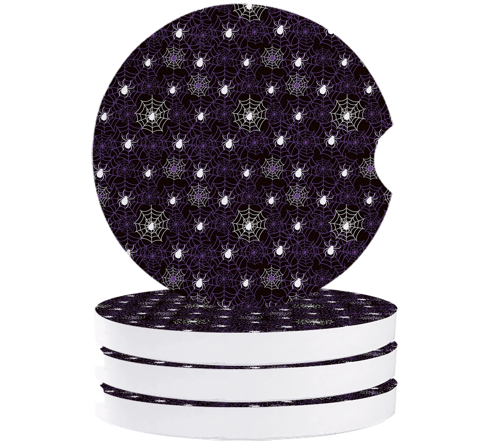 Halloween 4-Pack Ceramic Car Coasters for Cup Holder with Finger Notch - 2.56 Inch Drink Coasters for Cars - Universal Fit Auto Accessories (White Spider & Purple Spider Web Black) - Perfect for Halloween Decor, Party Favors & Car Organization