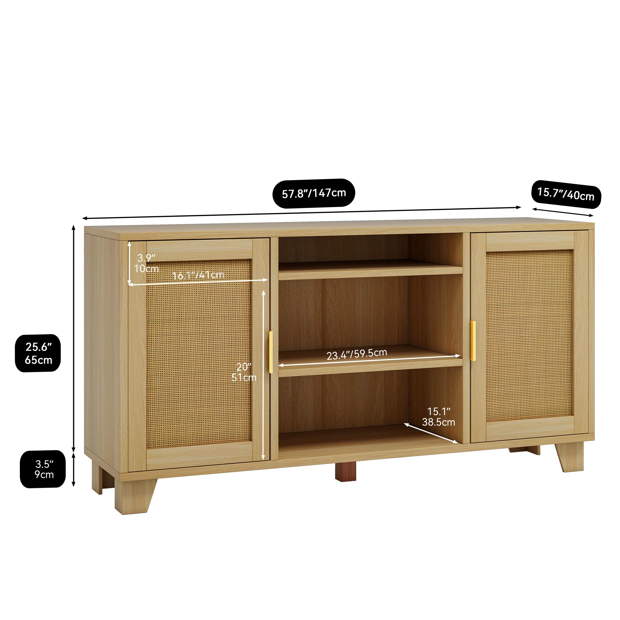 YITAHOME 65 Inch TV Stand with Rattan Doors - Boho Entertainment Center with Storage Cabinets & Adjustable Shelves, Long Media Console for Living Room, Bedroom, or Home Theater