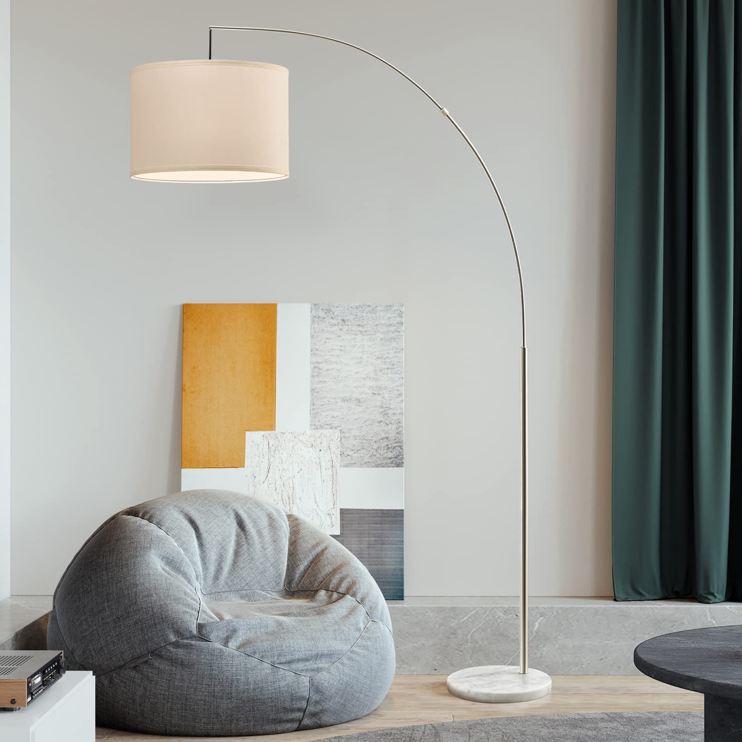 Oneach Modern Arc Floor Lamp - Brushed Steel Standing Light for Living Room, Bedroom, Office - Adjustable Arch Design with Hanging Shade for Reading Over Couch, Sofa or Desk - Silver Finish