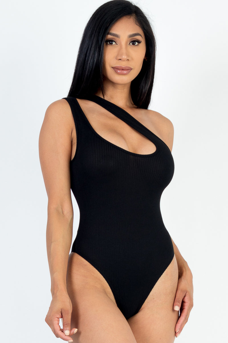 Sexy One Shoulder Cut Out Rib Knit Bodysuit - Women's Stretchy Fitted T-Shirt Top for Clubbing, Date Night & Party Outfits