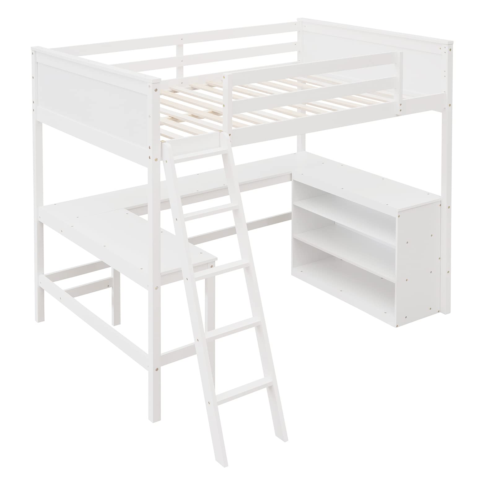 Full Loft Bed with Desk & Storage Shelves - Sturdy Wooden Bunk Bed with Bookcase for Kids, Teens & Adults - Space-Saving Dorm Furniture for Small Rooms - White
