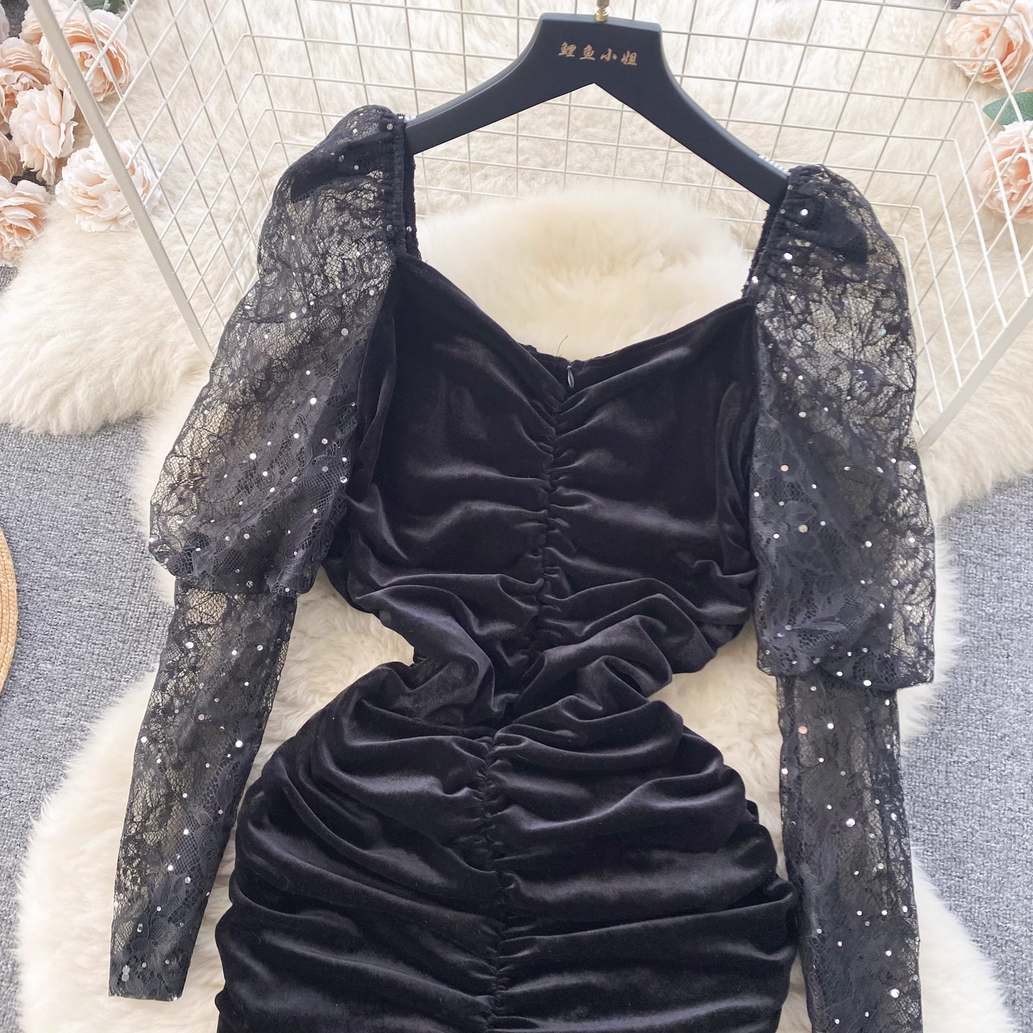 Elegant Lace Puff Sleeve Velvet Dress for Women - Vintage 1881 Inspired Date Night & Party Outfit