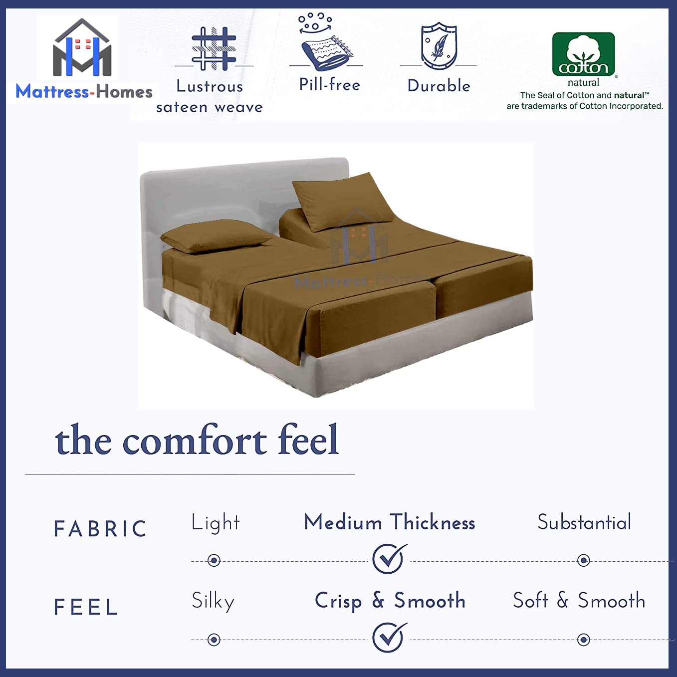 Split King Sheet Set 5-Piece - 600 Thread Count 100% Long Staple Cotton for Adjustable Beds | Ultra Soft Combed Fabric | Taupe Solid Color | Perfect for Master Bedrooms, Guest Rooms & Sleep Comfort