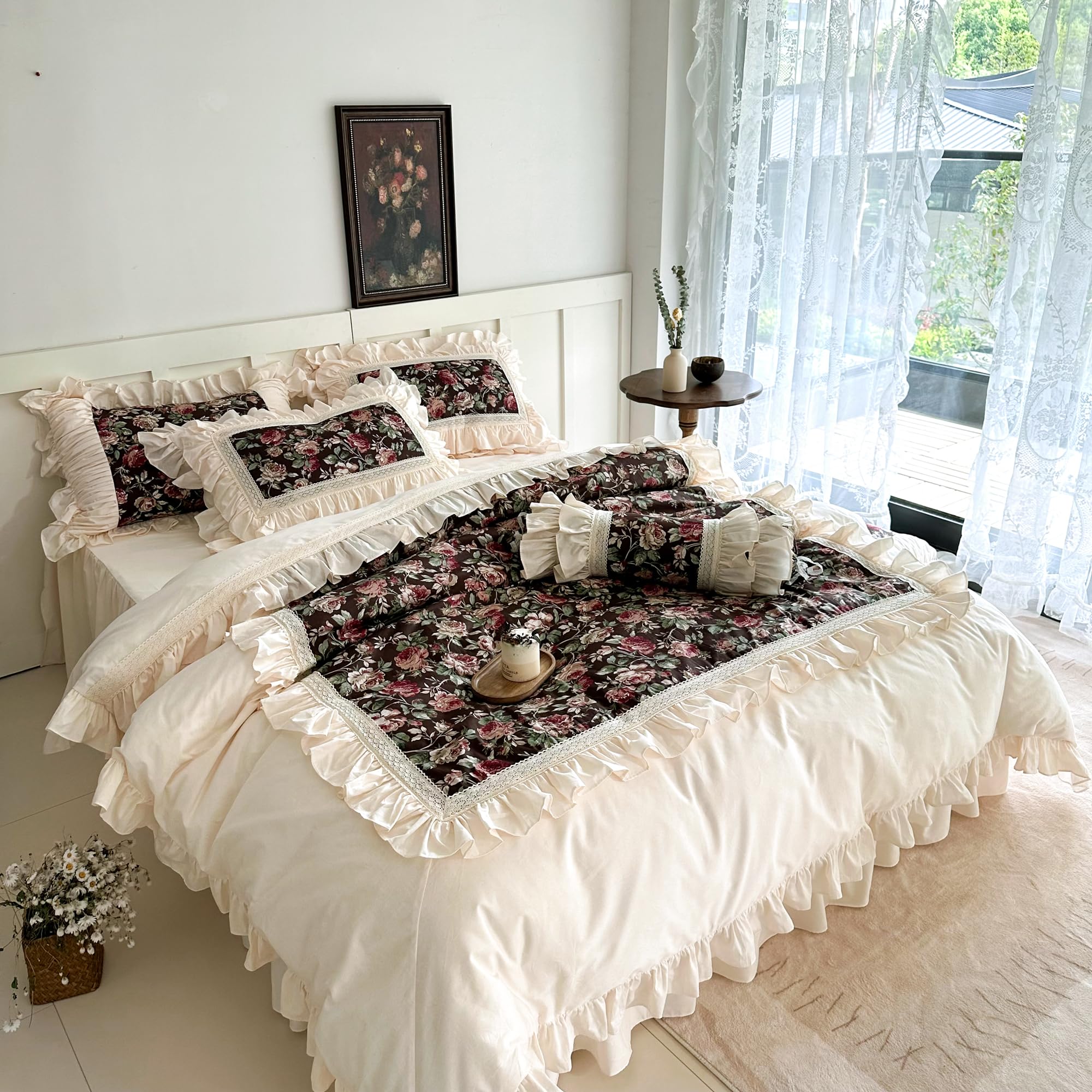 LELVA Floral and Plaid Print Duvet Cover Set with Ruffled Bed Skirt - 4 Piece Twin Bedding Set for Girls, 100% Cotton Country Style in Green | Perfect for Kids' Bedrooms, Dorm Rooms & Farmhouse Decor