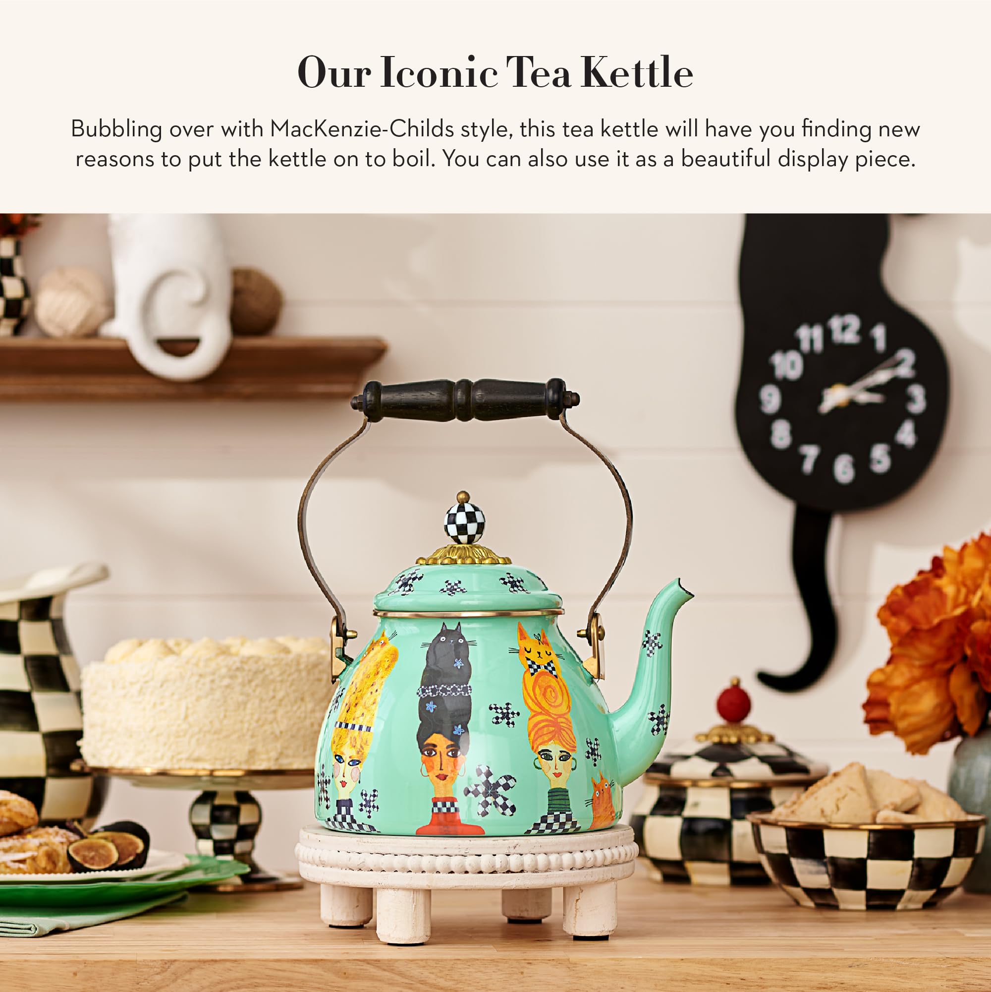 MACKENZIE-CHILDS 2-Quart Enamel Stovetop Tea Kettle - Vintage Style Cat-Themed Teapot for Tea Lovers | Perfect for Home Kitchen, Afternoon Tea Parties & Gift Giving