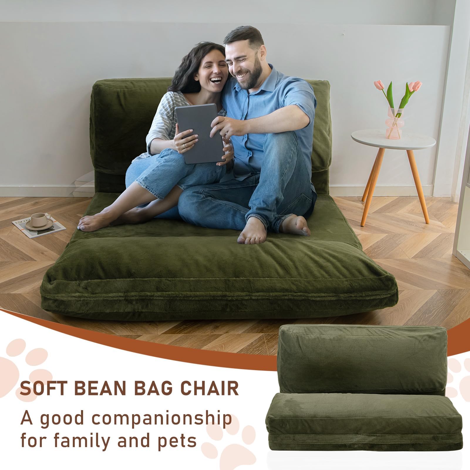 MAXYOYO Extra Thick Faux Fur Bean Bag Bed - Foldable Sofa Bed & Floor Mattress for Adults (54x95 Inch, Olive Green) | Washable Cover, Full Size Trifold Design | Perfect for Living Rooms, Dorms, Guest Beds & Lounge Areas