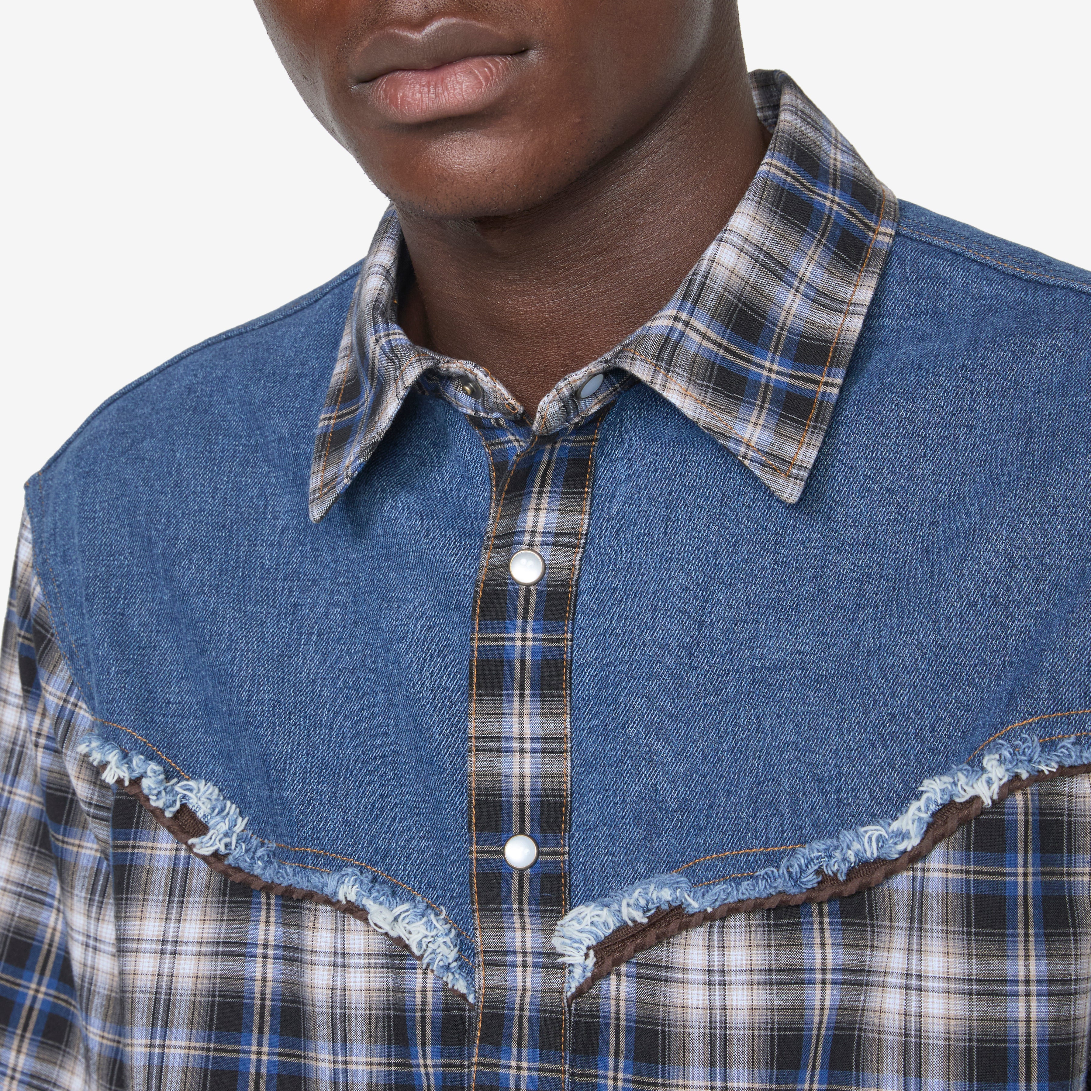 Men's Denim & Check Raw Cut Shirt in Blue - Casual Button Down Shirt for Streetwear and Everyday Outfits