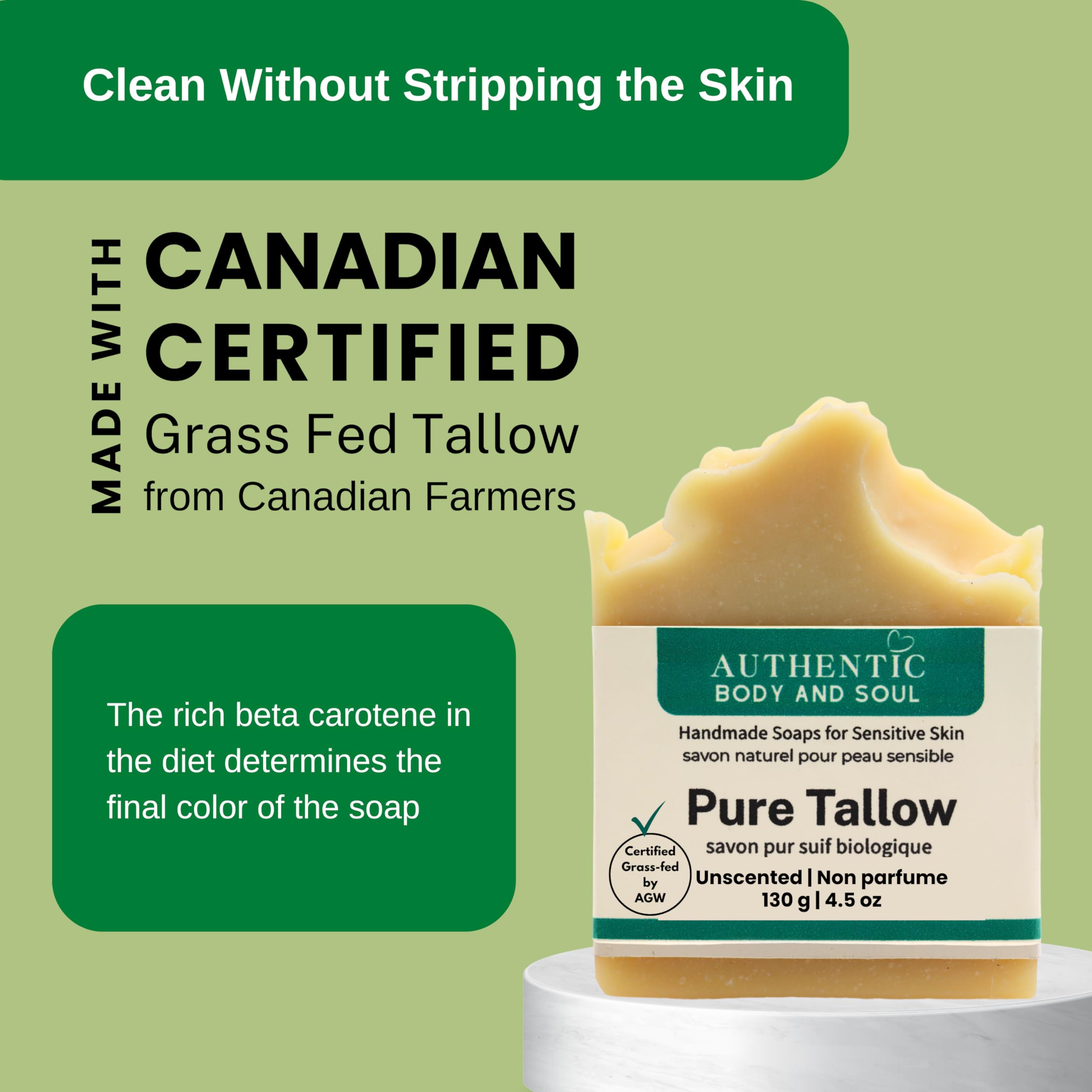 Organic Grass-Fed Beef Tallow Soap for Sensitive Skin - Unscented, Fragrance Free, 130g Each (Pack of 2) - Certified by AGW | Gentle Cleansing Bar for Face & Body, Ideal for Dry Skin, Eczema & Natural Skincare Routines