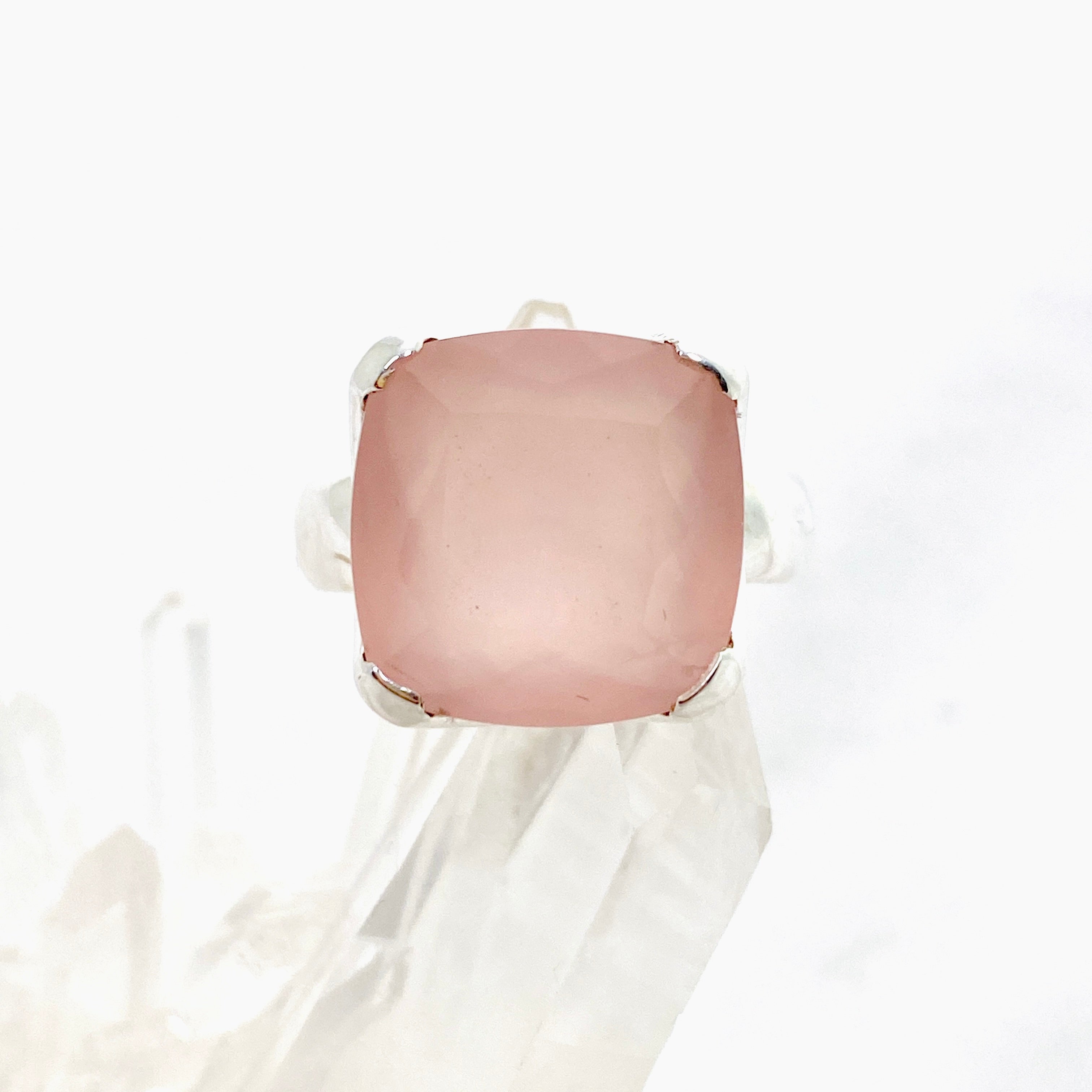 Rose Quartz Square Faceted Ring Size 8 KRGJ3320 - Elegant Healing Crystal Jewelry for Women, Perfect for Meditation, Yoga & Spiritual Gifts