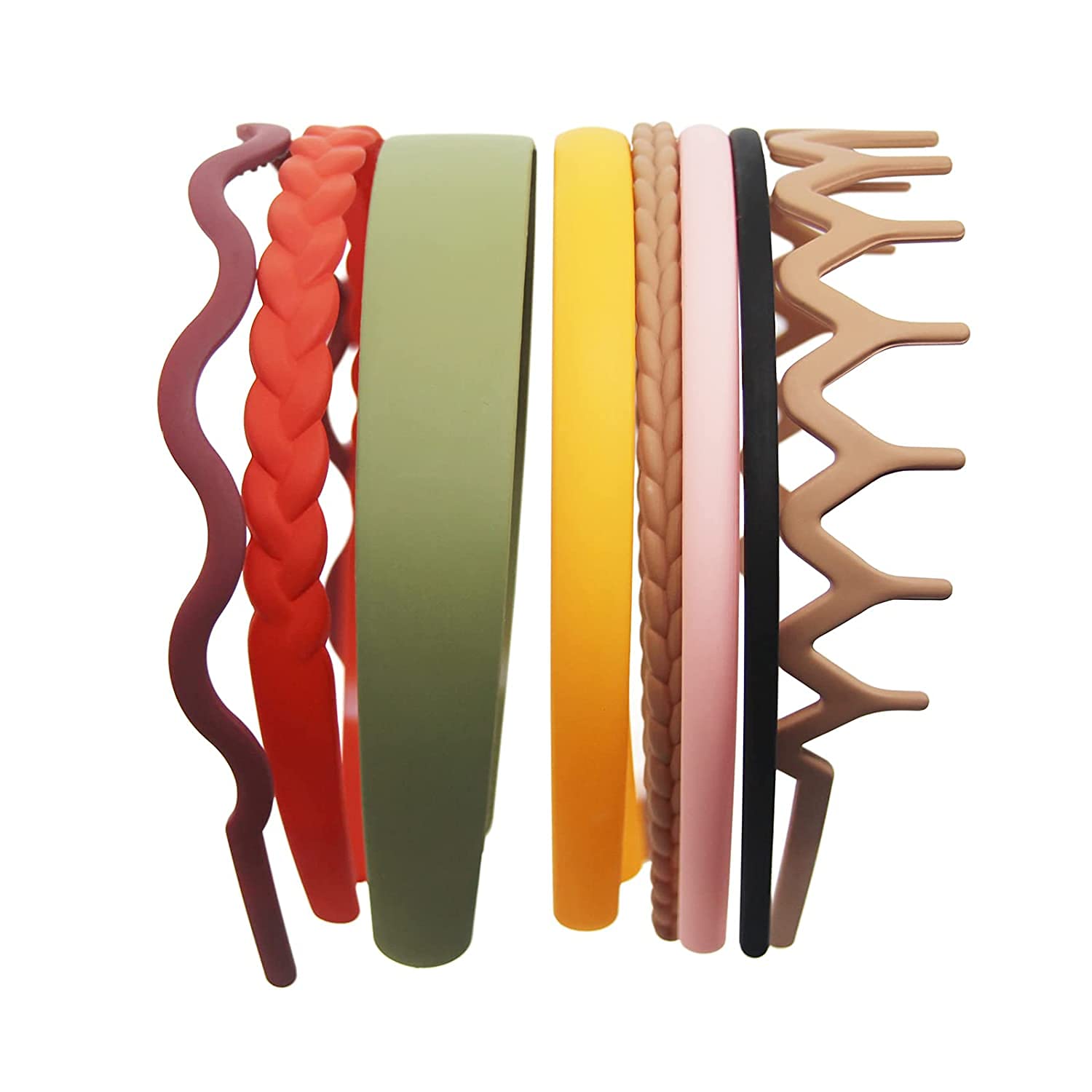 FAVELA Plastic Headbands for Women - 8 Pack Thin & Wide Hair Bands with Fine Comb Teeth, Plain & Zig Zag Matte Styles, Woven Design - Perfect for Work, School, Gym, and Everyday Styling