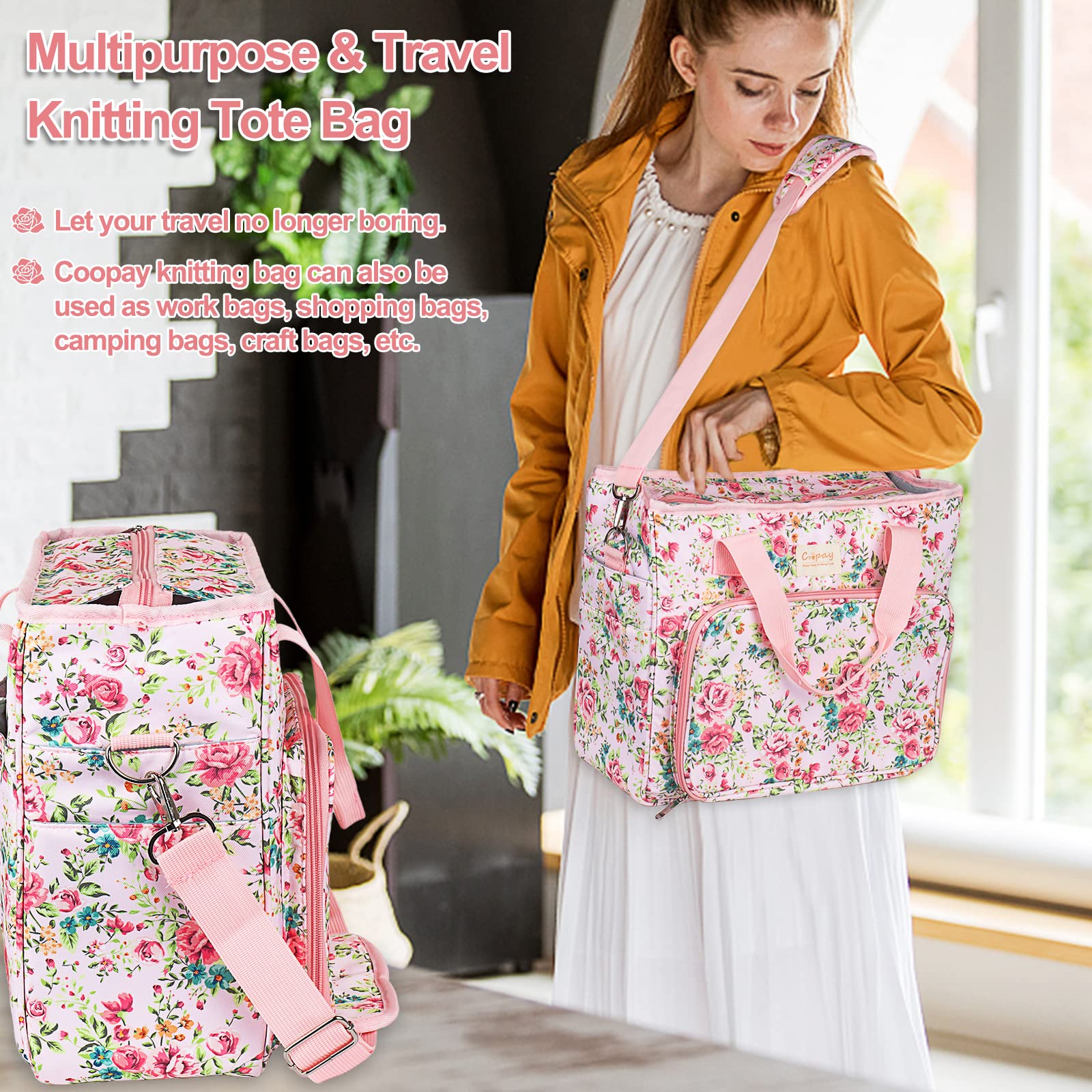 Coopay Large Crochet Bag - Yarn Storage Organizer with Multiple Pockets for Knitting Supplies, Crochet Hooks, Skein Wool & Projects - Travel-Friendly Tote for Crafters (Pink Flower Design) - Perfect for Knitting on the Go, Crochet Classes & Craft Storage at Home