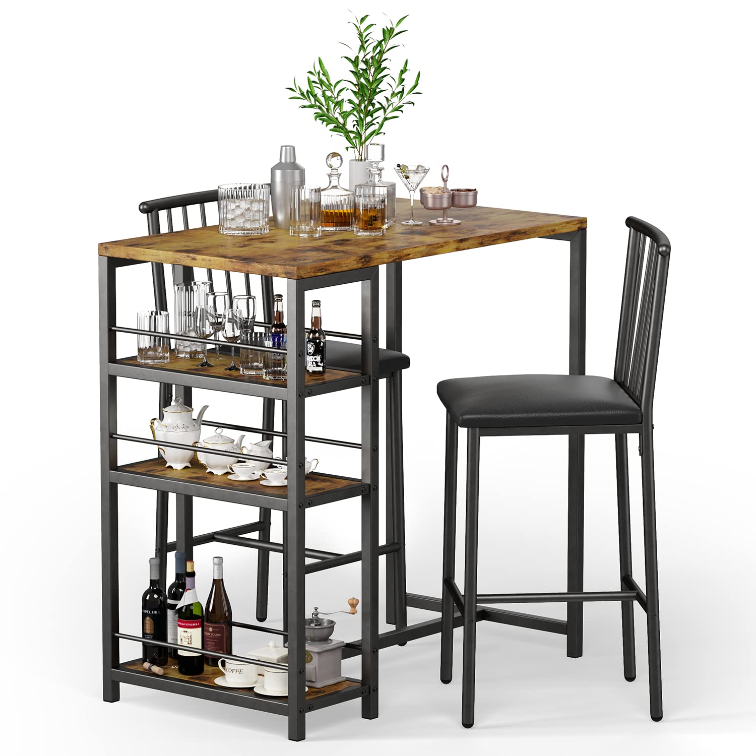 Gizoon 3-Piece Retro Dining Table Set for 2 with Storage Shelves - Small Space Kitchen Table & Chairs with PU Cushion Seats & Thick Wood Top - Perfect for Apartments, Breakfast Nooks, and Cozy Dining Areas