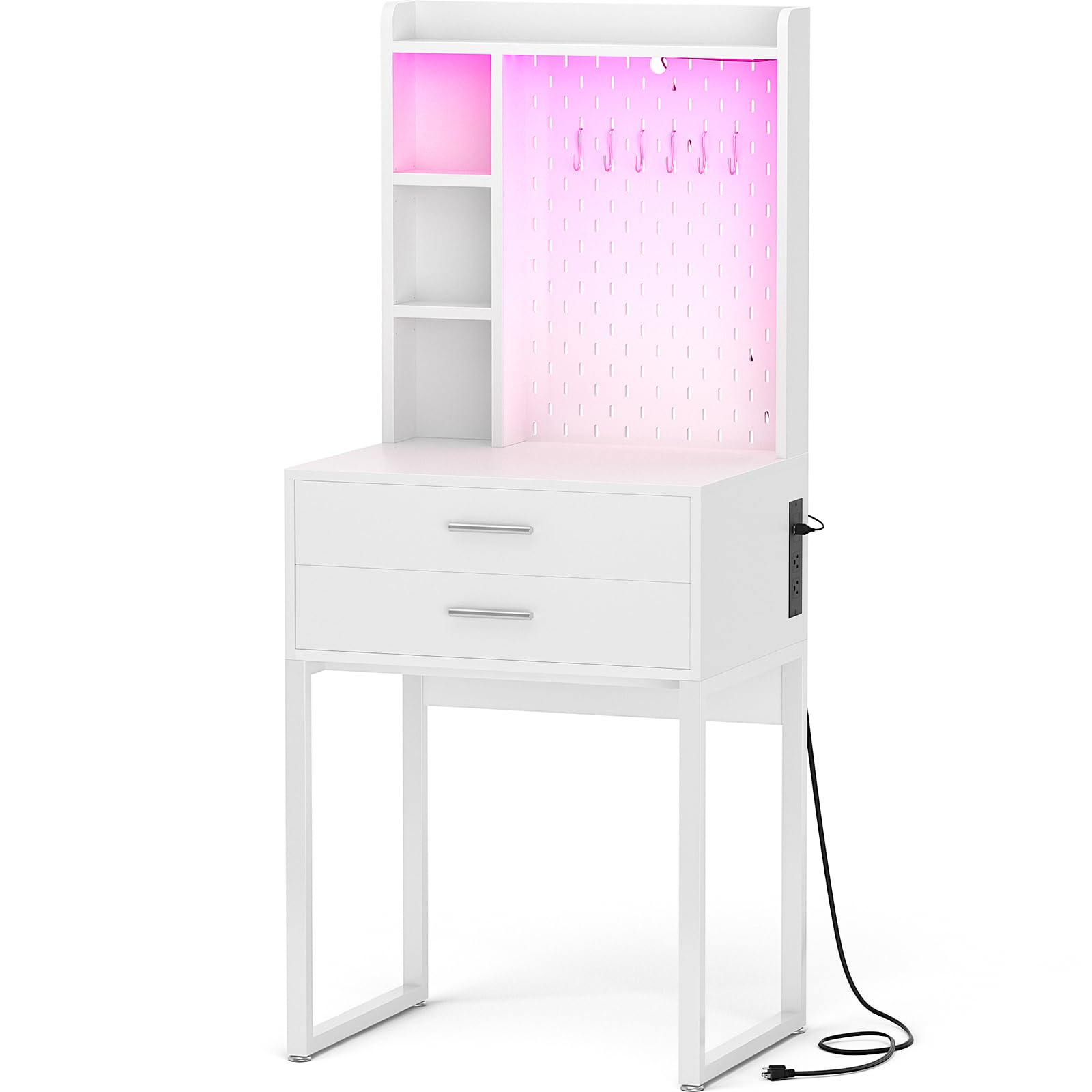 White Vanity Desk with Hutch, Drawers & LED Lights - 24