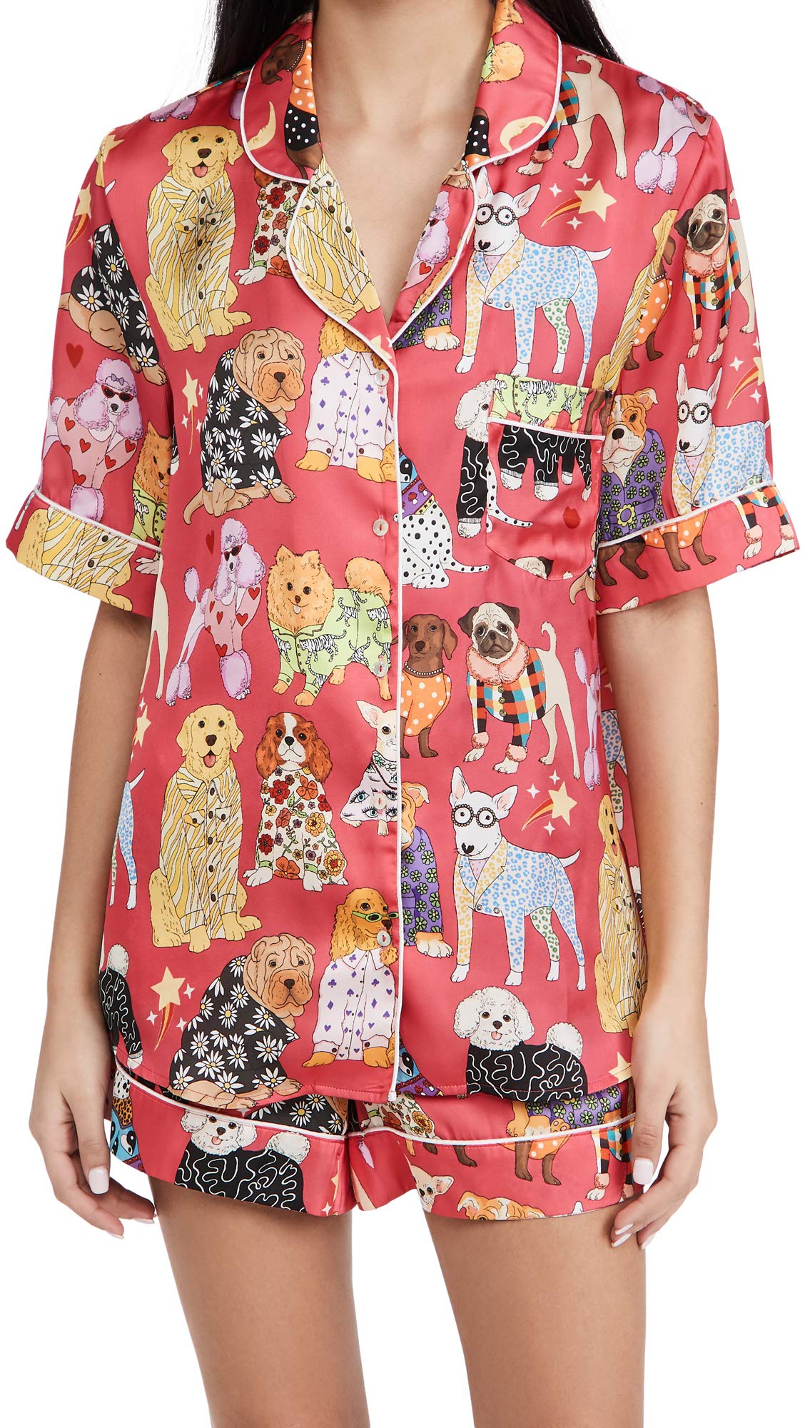 Karen Mabon Women's Dog Print Pink Short Sleeve Pajama Set - Soft Cotton Sleepwear for Women, Cute Dog Lovers Nightwear, Comfortable Lounge Pajamas for Bedtime & Relaxation at Home