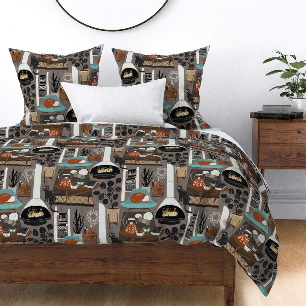 Premium Spoonflower Cotton Sateen Duvet Cover - Twin Size Scandinavian Hygge Style with Cats & Dogs Knitting Pattern in Warm Neutral Colors | Custom Printed Bedding for Cozy Bedroom Decor