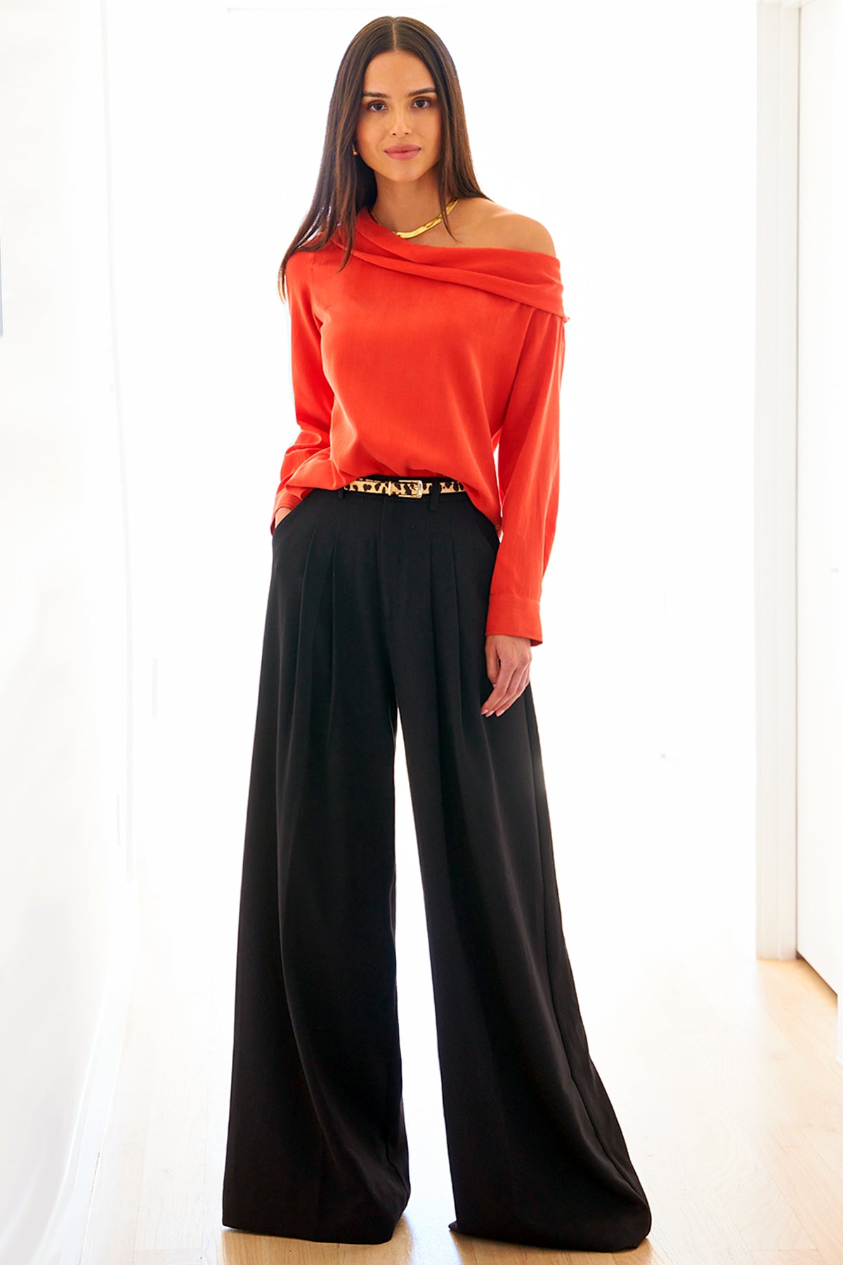 Dani Long Sleeve Off Shoulder Top - Washed Cupro Cotton Blouse in Flame Red | Women's Casual Chic Shirt for Date Night & Summer Outings
