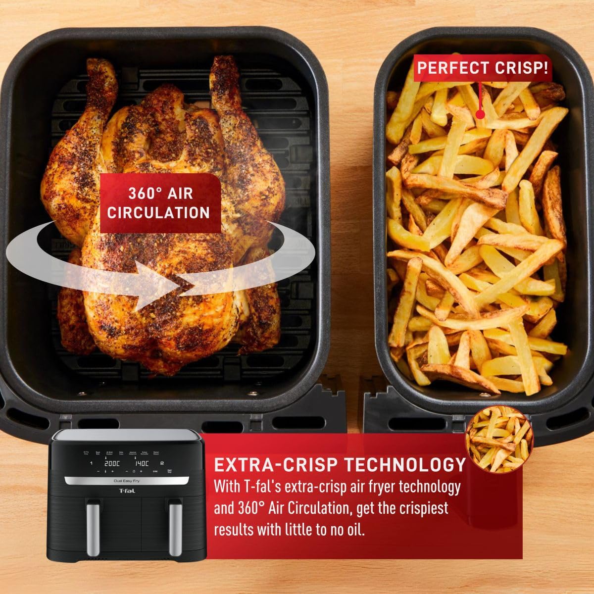 T-fal Dual Easy Fry XL Air Fryer 7-in-1 with 2 Baskets - 8.7 Qt Large Capacity for Air Frying, Roasting, Baking, Reheating & Dehydrating | Extra Crisp Technology | Sync Mode | Dishwasher Safe Black & Metal Baskets | Perfect for Family Meals, Healthy Cooking & Quick Snacks
