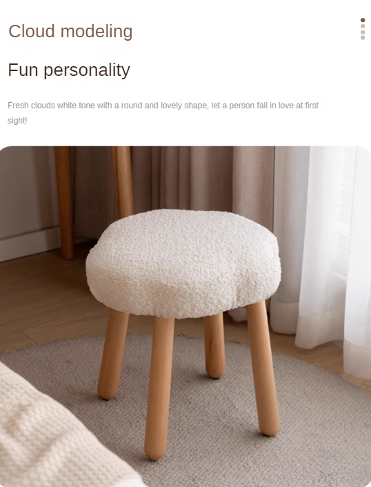 Nordic Style Solid Wood Makeup Stool - Beech & Birch with Lamb Velvet Cloud Cushion for Vanity, Dressing Table, and Bedroom Decor