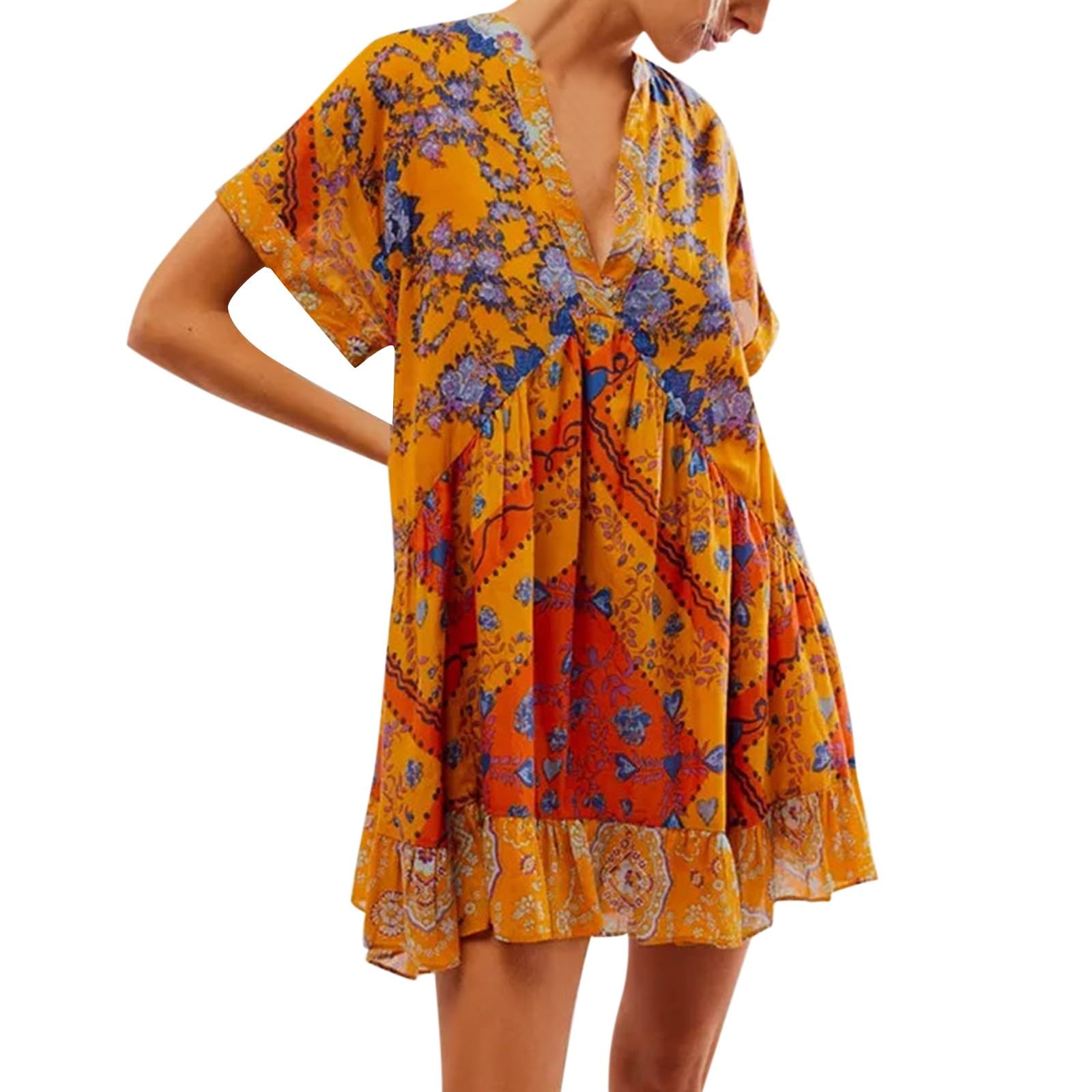 Women's Bohemian Floral Mini Dress with Ruffle & Puff Sleeves - V-Neck Summer Beach Dress for 2024 | Perfect for Vacations, Parties & Casual Outings