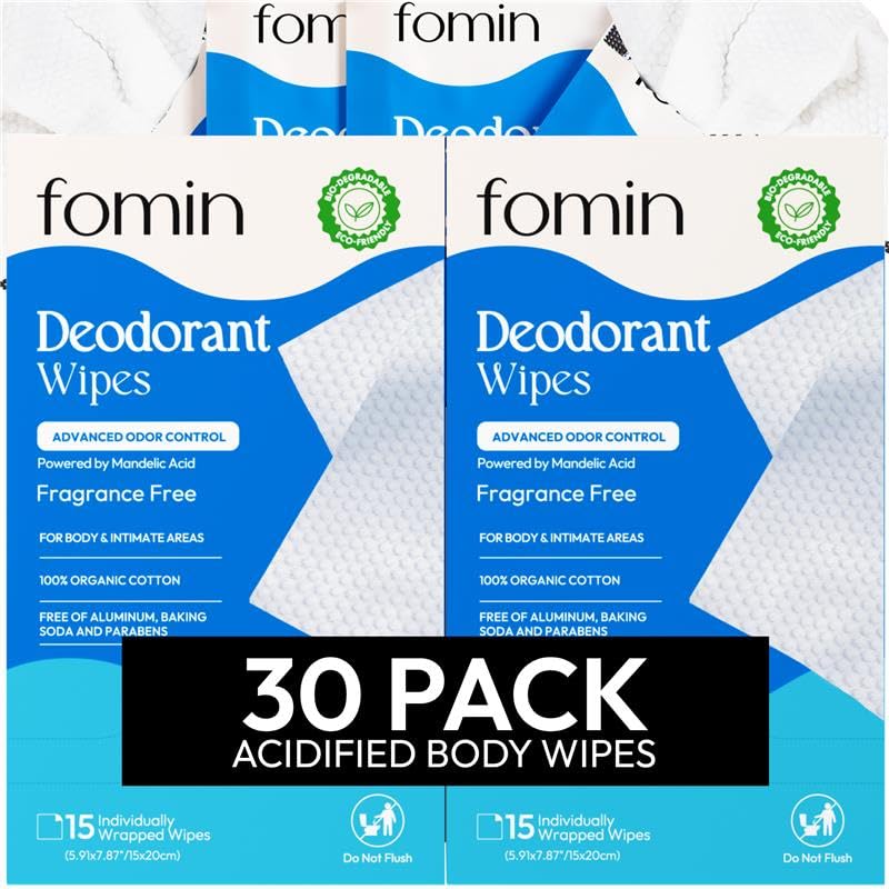 FOMIN Acidified Travel Deodorant Wipes for Women & Men - 30 Count, Fragrance-Free, pH Balanced, Plastic-Free & Individually Wrapped - Mini Deodorant Wipes for Underarm & Body Care - Perfect for Gym, Travel, Camping & On-the-Go Freshness