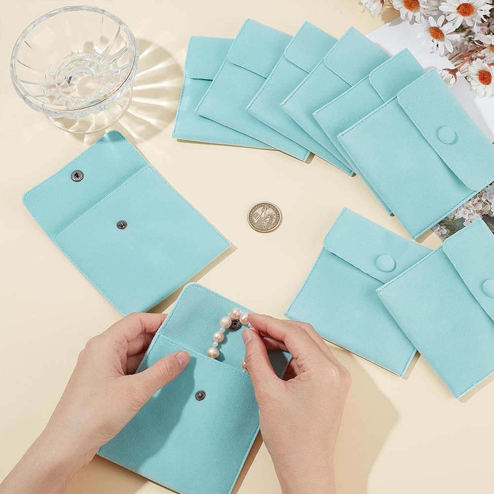 10 Pack Velvet Jewelry Pouches with Snap Closure - 3.94x3.94 Inch Small Gift Bags for Rings, Necklaces, Earrings & Bracelets - Premium Jewelry Storage & Travel Organizer (Turquoise) - Perfect for Gifting, Wedding Favors & Jewelry Protection