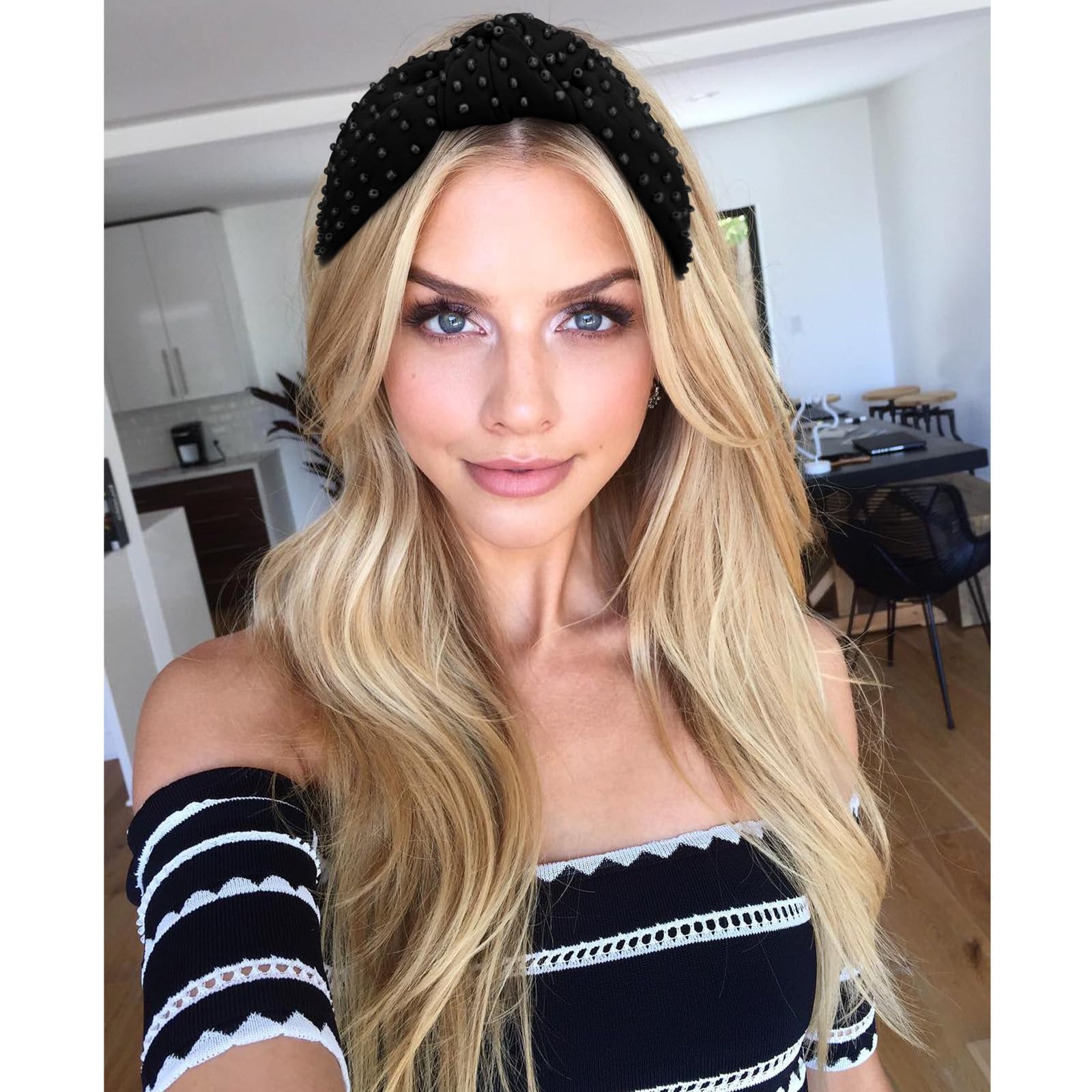 YISSION 1PC Pearl Knotted Headband for Women - Non Slip Beaded Hair Accessory, Wide Jeweled Embellished Headband for Women & Girls (Black) - Perfect for Weddings, Parties, and Everyday Elegant Style