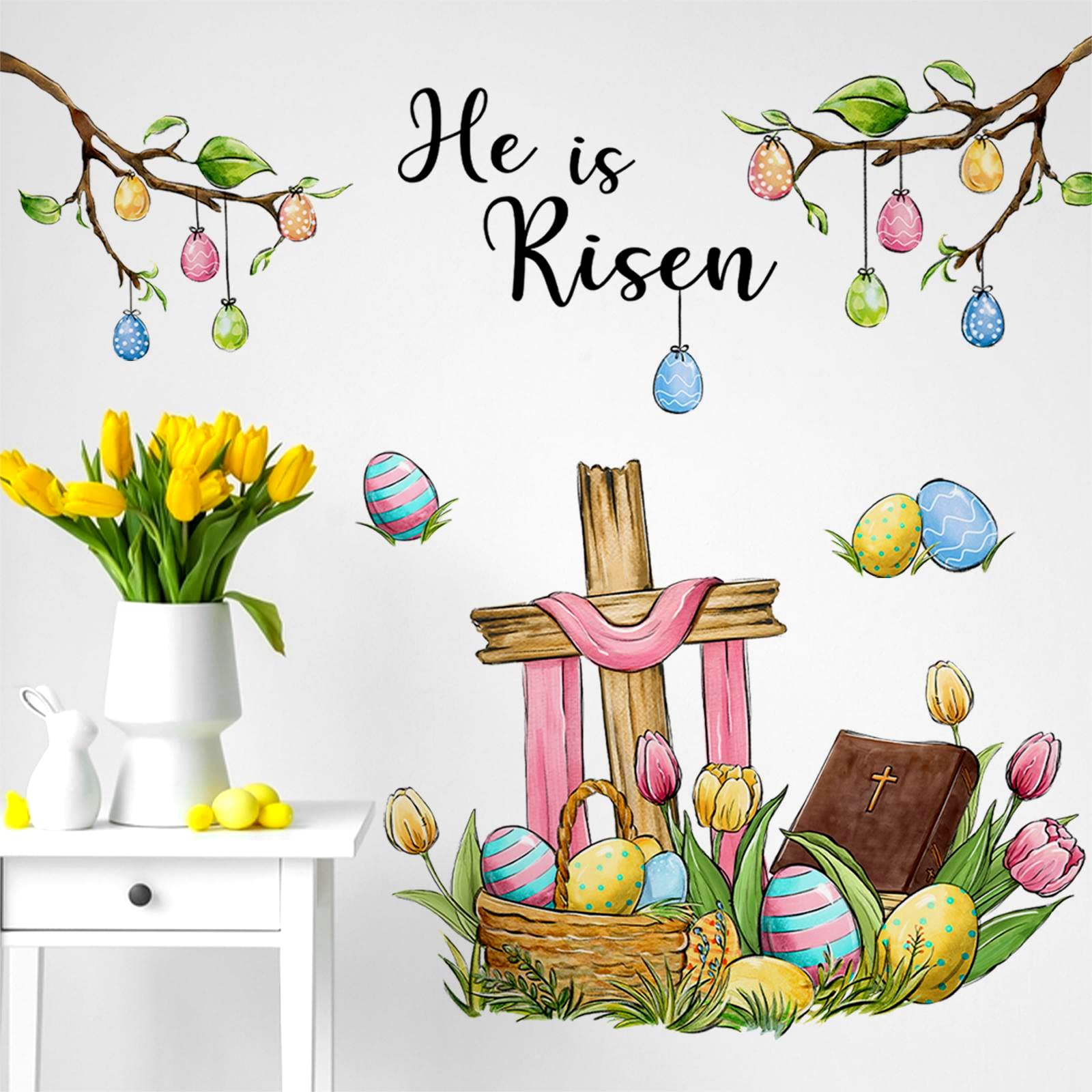 Yovkky Easter Wall Decals - He is Risen Christian Cross Bible Quote Stickers for Home, Bedroom & Living Room Decor | Religious Spring Tulip & Egg Designs for Kitchen, Faith Art | Perfect for Easter Celebrations, Church Events & Holiday Home Decorating