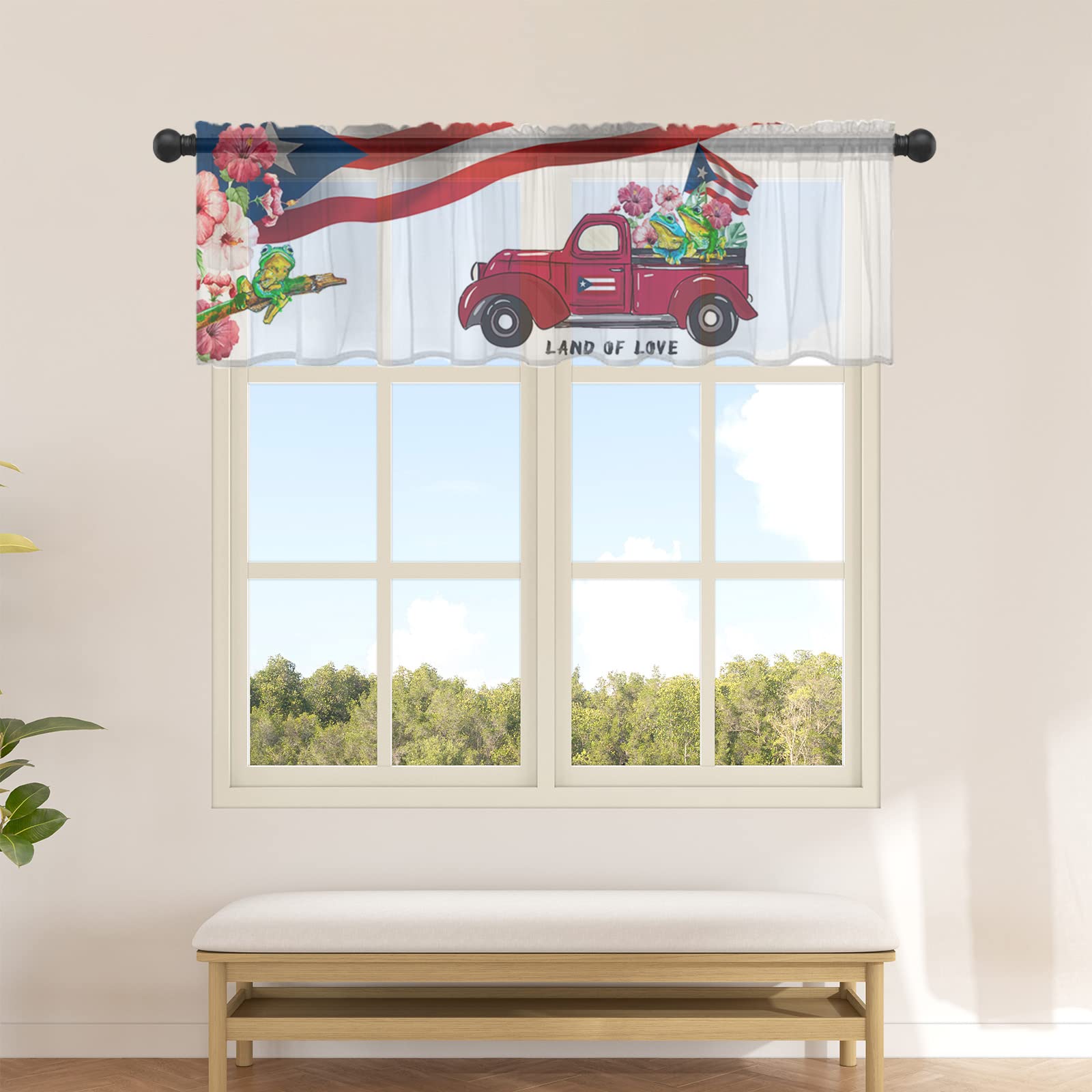 Puerto Rico Flag & Frog Design Sheer Valance Curtains - 54x18 Inch Rod Pocket Window Valances for Kitchen, Living Room & Bedroom Decor - Lightweight Chiffon Window Treatment for Tropical & Coastal Home Styling