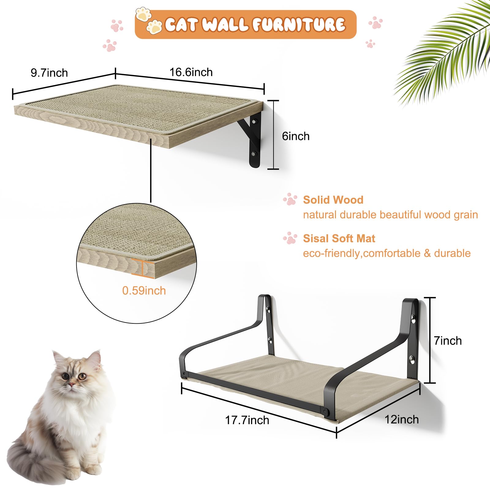 Premium Cat Wall Shelves & Hammock Set - Multi-Level Climbing Perch with Sisal Mat - Wall Mounted Cat Furniture for Sleeping, Playing & Exercise - Perfect for Indoor Cats in Apartments & Homes