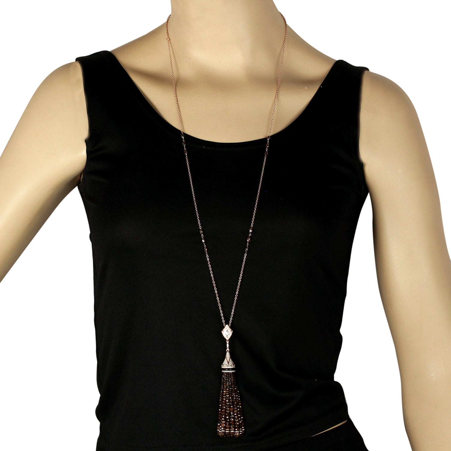 18K Rose Gold Onyx Gemstone Faceted Beads Opera Necklace with Diamond Pave Tassel - Elegant Evening Wear & Special Occasion Jewelry Gift