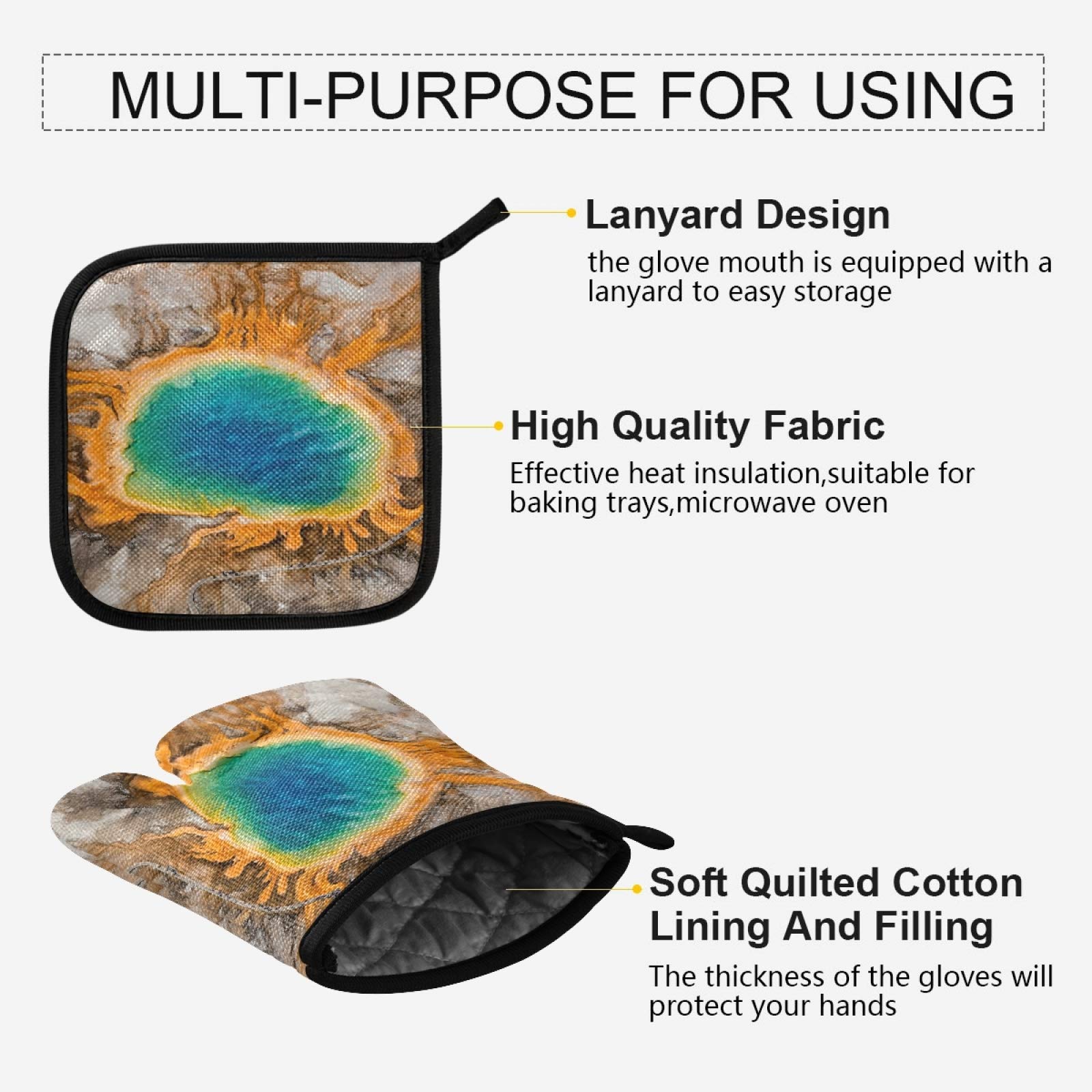 QUGRL Heat Resistant Oven Mitts & Pot Holders Set - Yellowstone National Park Inspired Grand Prismatic Spring Design - Kitchen Cooking Gloves for Baking, BBQ & Handling Hot Cookware - Perfect for Grilling, Baking & Everyday Kitchen Use