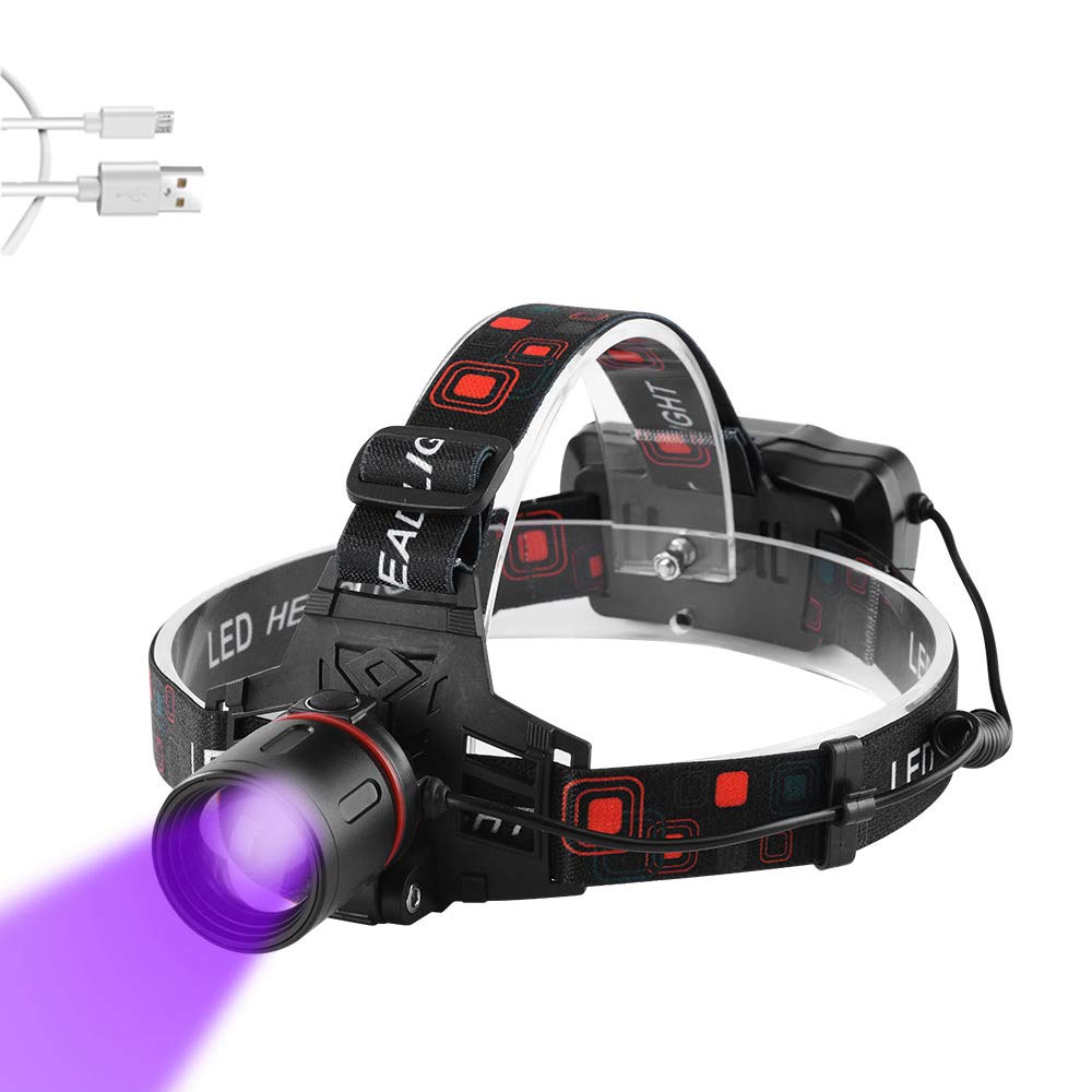 Rechargeable UV Headlamp with 395nm LED Blacklight & White Light - Zoomable Head Torch for Night Fishing, Scorpion Hunting, Auto Oil Detection, HVAC Leak Inspection, Camping & Outdoor Adventures