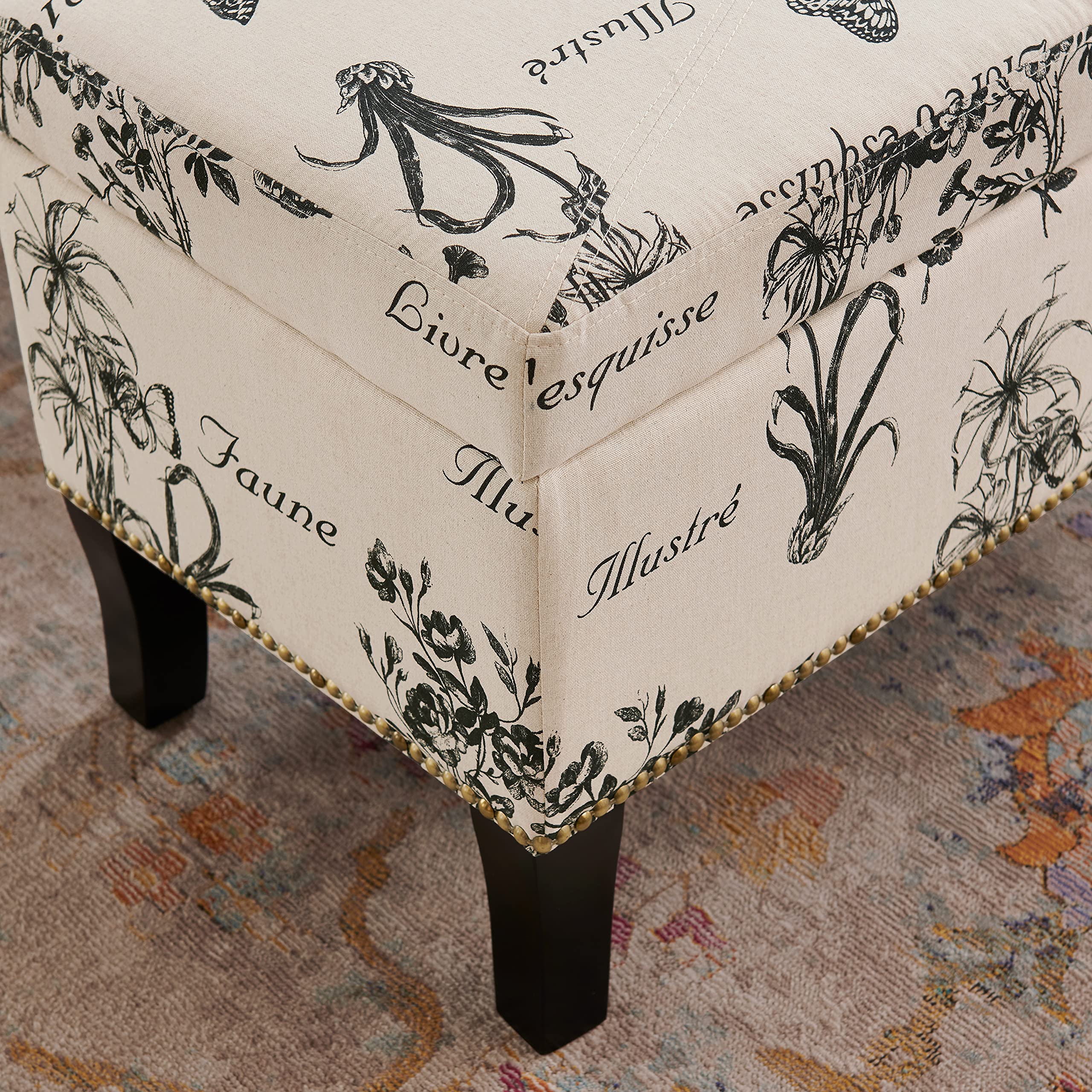 Linon Stephanie Ottoman with Botanical Linen Fabric - Stylish Footrest & Storage Bench for Living Room, Bedroom or Nursery - Perfect Home Decor Accent Piece