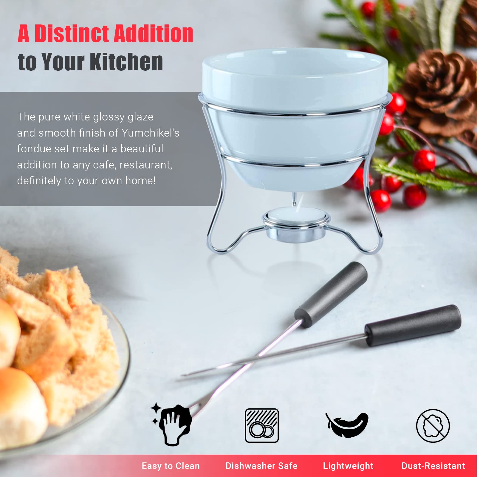 Premium Chocolate Fondue Pot Set with 4 Stainless Steel Dipping Forks & Tea Light Candle Holder - Perfect for Valentine's Day Gifts, Romantic Dinners, Parties & Family Gatherings - Ideal for Melting Chocolate, Cheese & Butter