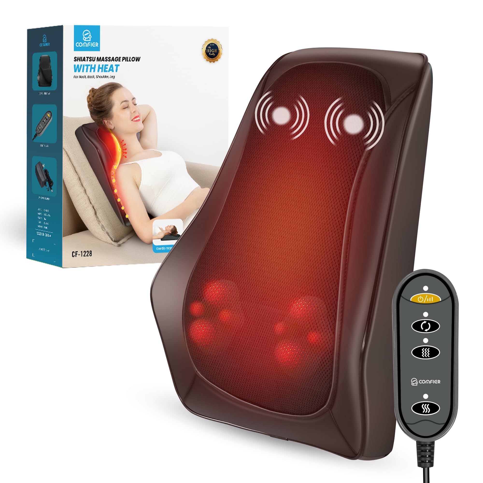 COMFIER Shiatsu Neck and Back Massager with Heat - 3D Kneading Massage Pillow for Back Pain Relief, Soothing Heating Pad for Men & Women - Perfect for Home, Office, and Car Use