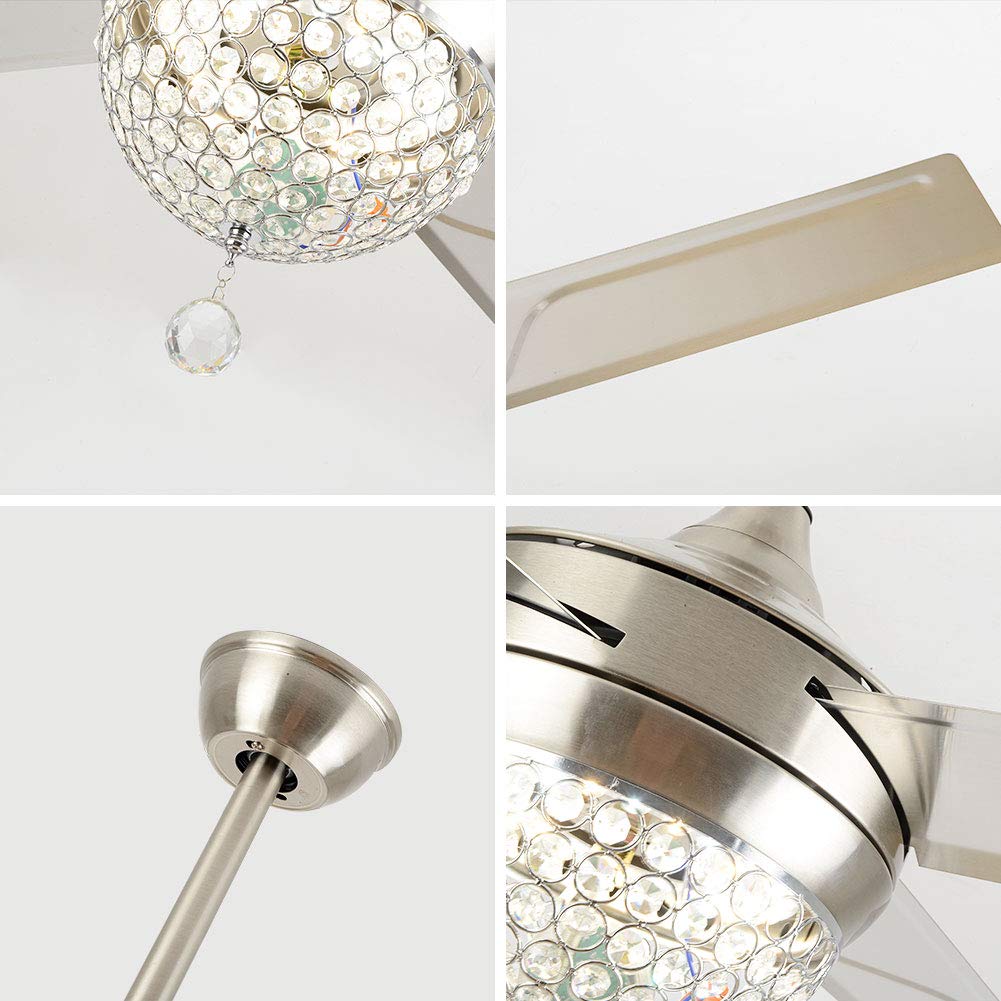 Modern Crystal Ceiling Fan with Remote Control - 44 Inch LED Chandelier & Silent Electric Fan with 4 Stainless Steel Blades - Silver Home Decor for Living Room & Dining Room | Perfect for Cooling & Lighting in Bedrooms, Offices, and Patios