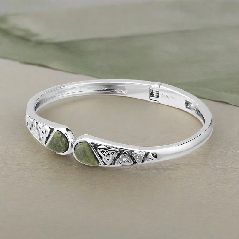Connemara Marble Trinity Knot Hinged Bangle Bracelet - Irish Celtic Jewelry for Women, Durable & Elegant Claddagh Design - Perfect for Weddings, Anniversaries & Gifts