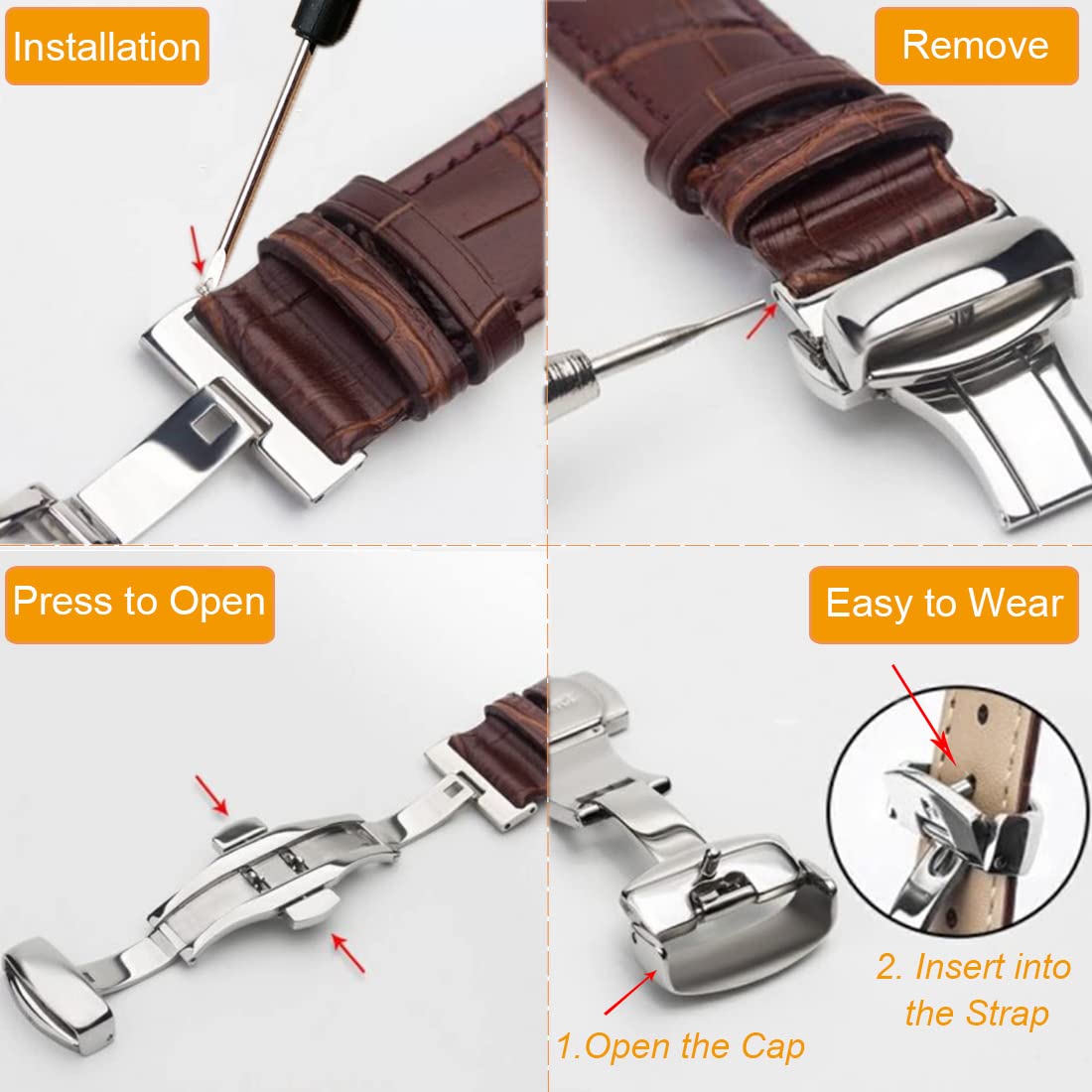Stainless Steel Butterfly Deployment Watch Clasp - Replacement Buckle for Leather Watch Bands | Secure & Adjustable Watch Accessory for Men & Women | Perfect for Dress Watches, Business Attire & Everyday Wear