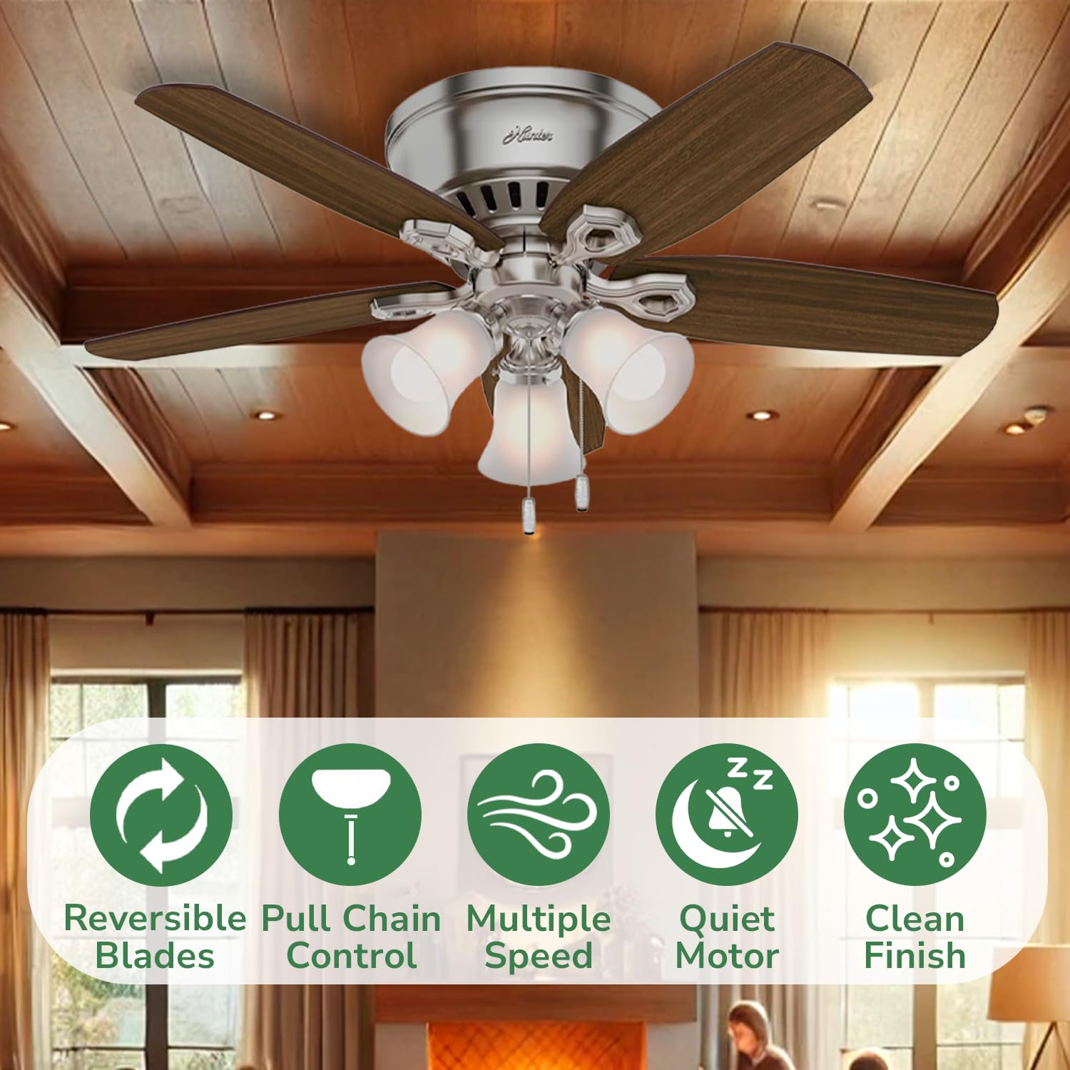 Hunter Fan Company 51092 42 Inch Brushed Nickel Low Profile Ceiling Fan with LED Light Kit and Pull Chain - Perfect for Bedrooms, Living Rooms, and Indoor Spaces