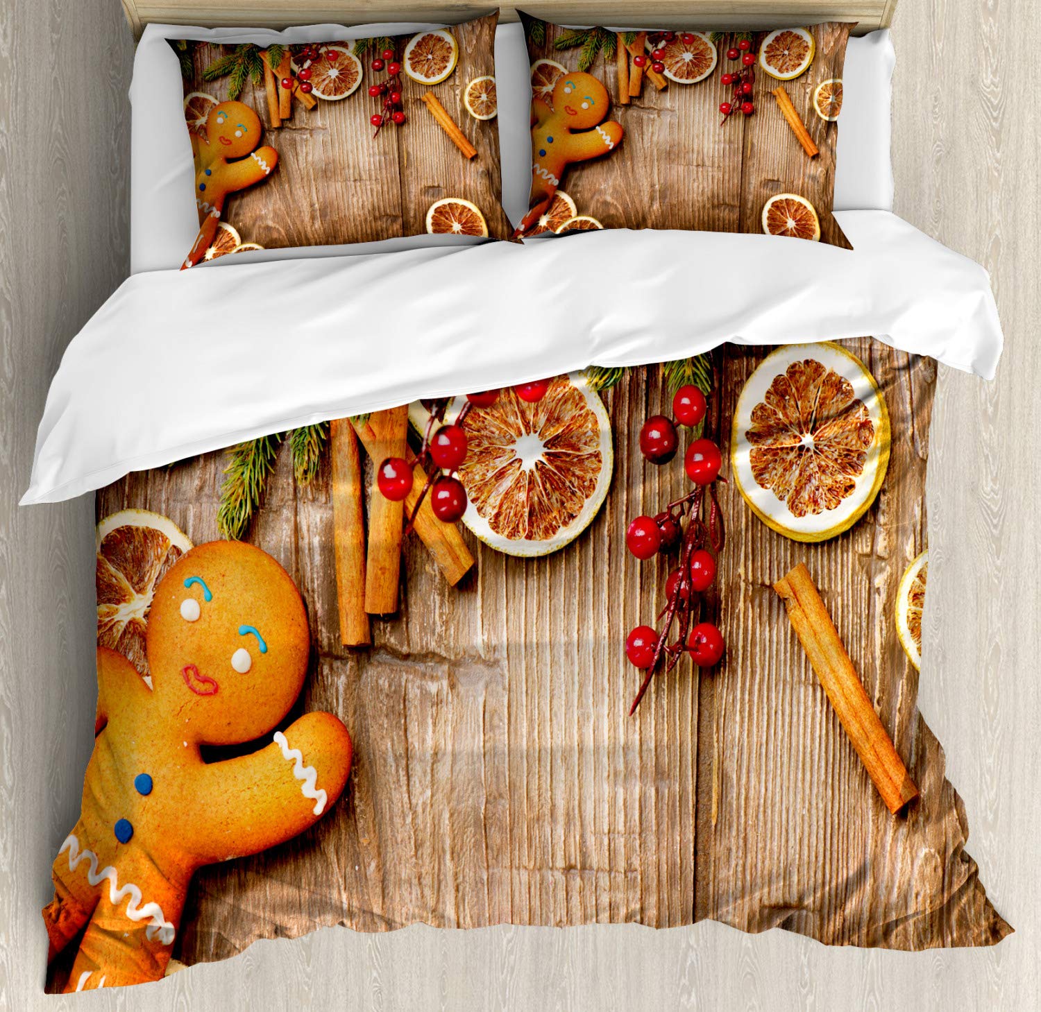 Ambesonne Gingerbread Man Duvet Cover Set - Rustic Holiday Bedding with Holly Berries, Orange Slices & Cinnamon Design - 2-Piece Cal King Size (2 Duvet Covers + 4 Pillowcases) in Warm Brown, Orange & Red - Perfect for Christmas Decor, Winter Bedroom Makeover & Cozy Seasonal Home Styling