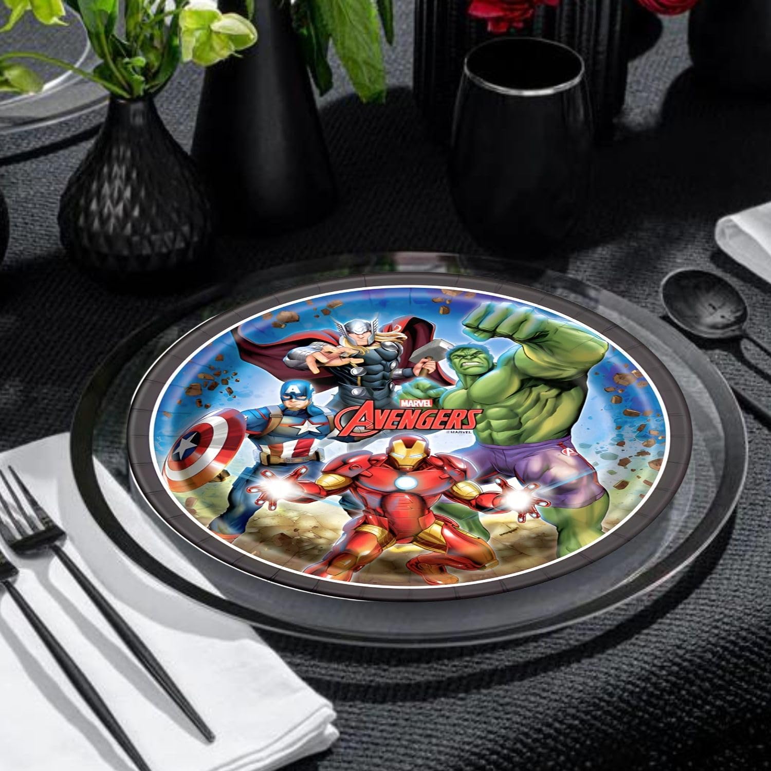 Avengers Round Paper Dinner Plates 9 Inch - 8 Pack | Superhero Themed Disposable Party Plates for Kids Birthday, Movie Night & Themed Events
