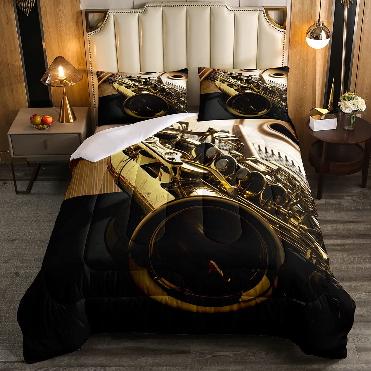 Golden Saxophone Comforter Set - Microfiber Musical Instrument Bedding for Kids & Teens, Twin Size Retro Music Theme Room Decor - Perfect for Jazz Lovers' Bedrooms & Music Themed Dorm Rooms