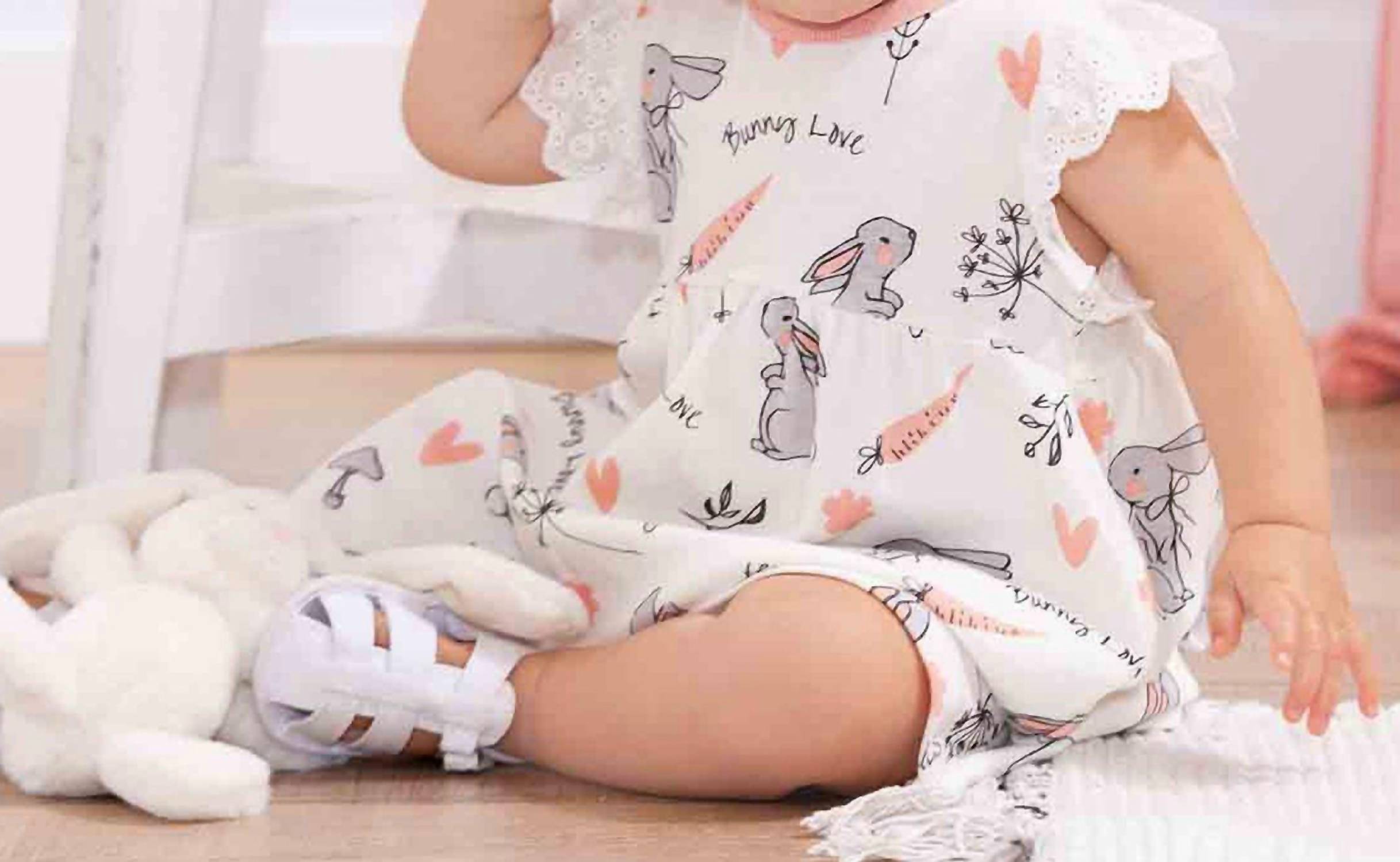 Happy Bunnies Baby Girls Dress - White, Coral, Grey | Soft Cotton Easter Outfit, Spring Photoshoot & Birthday Party Dress