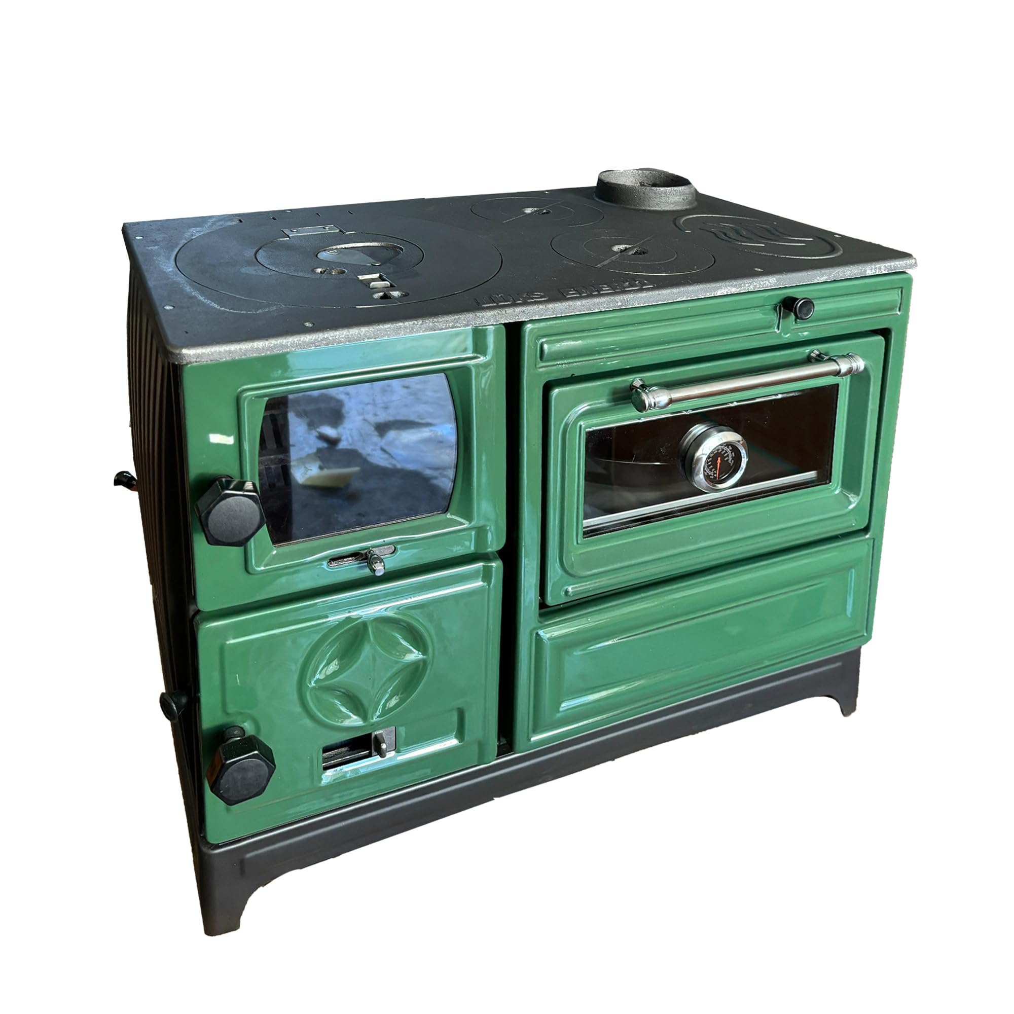 Vintage Green Cast Iron Wood Cook Stove with Oven - Efficient Wood Burning Stove Range for Kitchen & Cabin - Includes Built-in Thermometer - Perfect for Rustic Homes, Farmhouses & Off-Grid Living - Handcrafted in Turkey