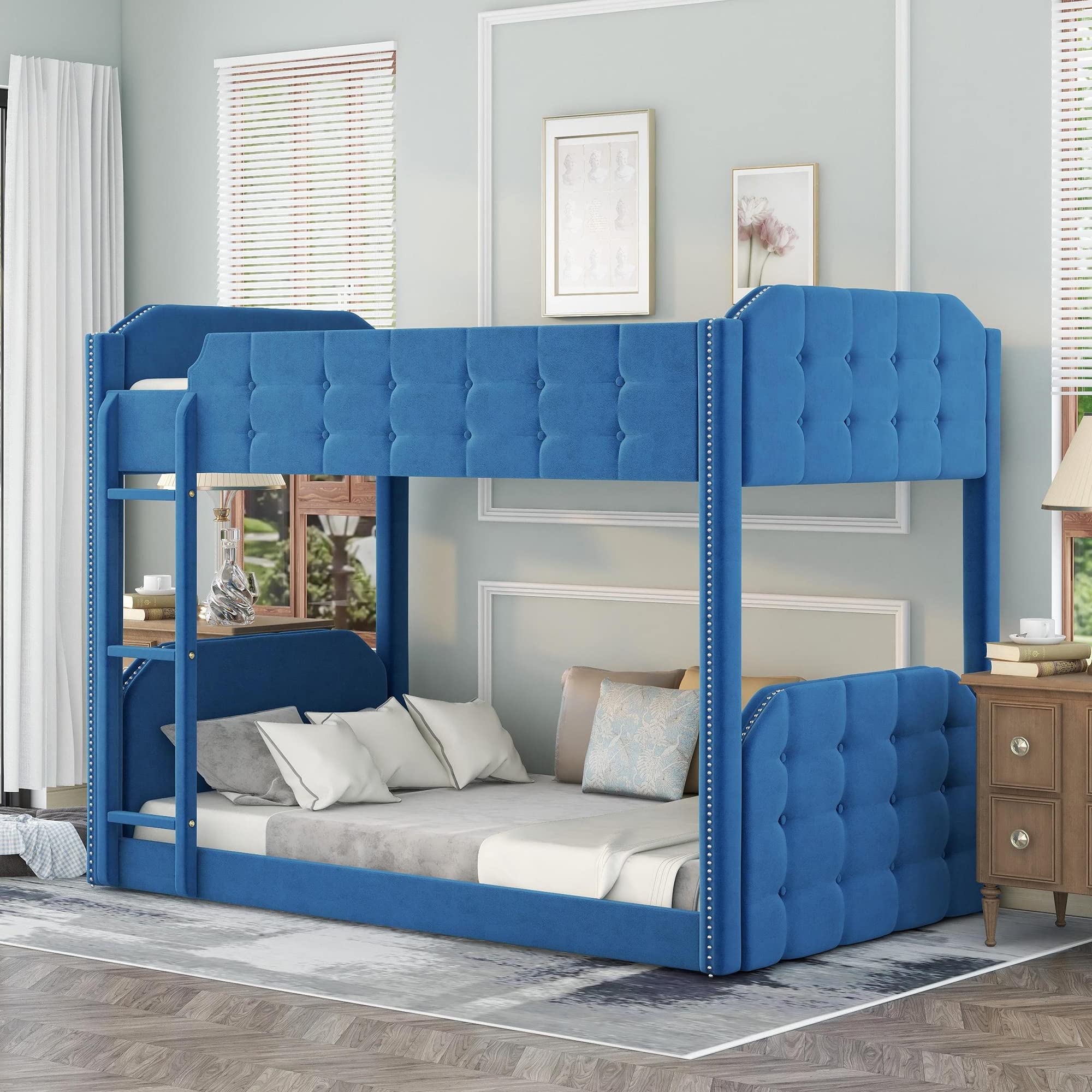 Twin Over Twin Bunk Bed Frame with Upholstered Button-Tufted Headboard - Space Saving Floor Bunk Bed for Teens & Kids Bedrooms - No Box Spring Needed - Blue Velvet Fabric - Perfect for Small Rooms, Dorms & Shared Spaces