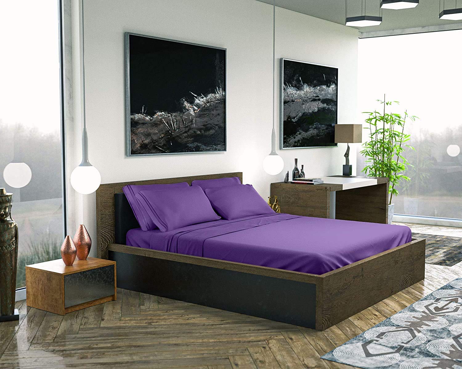 Cooling Full Size Bed Sheets Set - 6pcs Soft 100% Brushed Polyester Sheets with Side Pocket (Purple) | Breathable & Durable for Hot Sleepers | Perfect for Summer Nights, Guest Rooms & Dorm Essentials